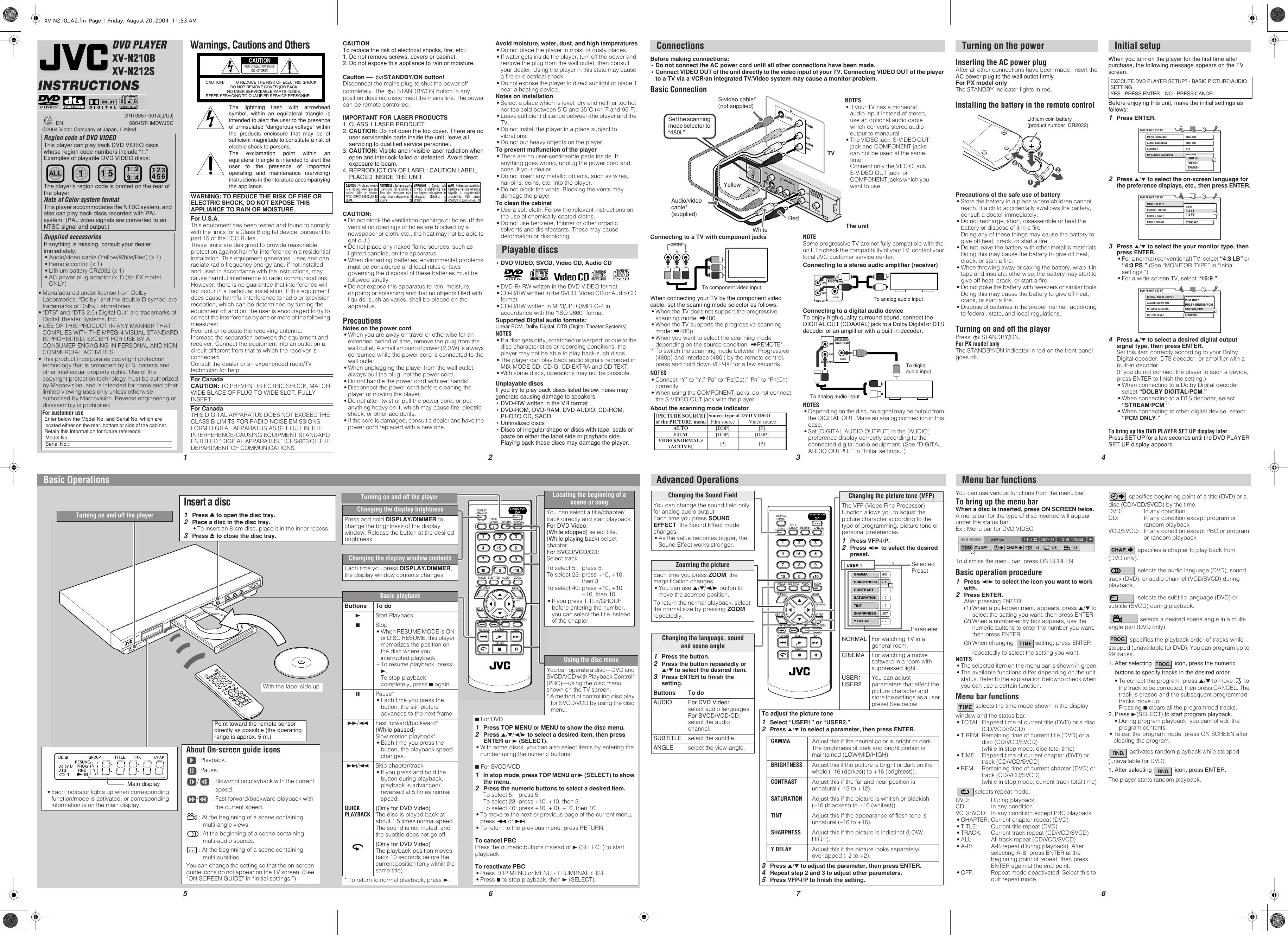 Page 1 of 2 - JVC XV-N212S XV-N210B/XV-N212S User Manual GNT0057-001A