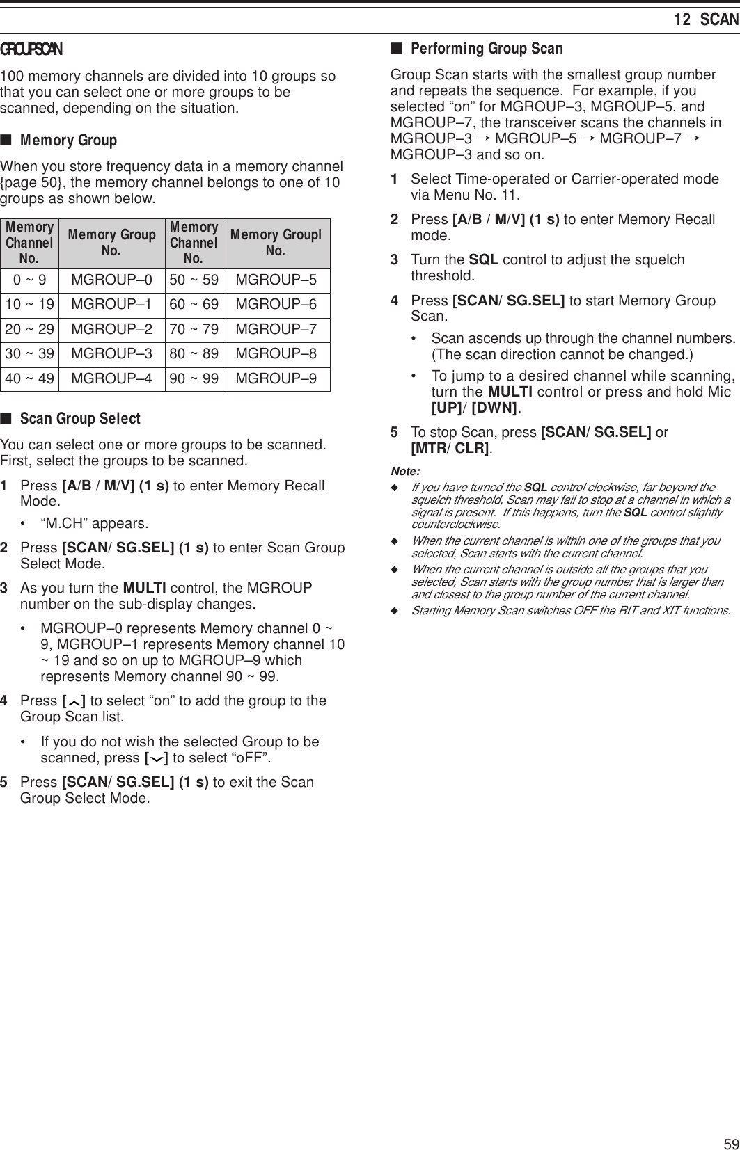 5912  SCANGROUP SCAN100 memory channels are divided into 10 groups sothat you can select one or more groups to bescanned, depending on the situation.■Memory GroupWhen you store frequency data in a memory channel{page 50}, the memory channel belongs to one of 10groups as shown below.yromeM lennahC .oNpuorGyromeM .oNyromeM lennahC .oNlpuorGyromeM .oN9~00–PUORGM95~055–PUORGM91~011–PUORGM96~066–PUORGM92~022–PUORGM97~077–PUORGM93~033–PUORGM98~088–PUORGM94~044–PUORGM99~099–PUORGM■Scan Group SelectYou can select one or more groups to be scanned.First, select the groups to be scanned.1Press [A/B / M/V] (1 s) to enter Memory RecallMode.• “M.CH” appears.2Press [SCAN/ SG.SEL] (1 s) to enter Scan GroupSelect Mode.3As you turn the MULTI control, the MGROUPnumber on the sub-display changes.• MGROUP–0 represents Memory channel 0 ~9, MGROUP–1 represents Memory channel 10~ 19 and so on up to MGROUP–9 whichrepresents Memory channel 90 ~ 99.4Press [ ] to select “on” to add the group to theGroup Scan list.• If you do not wish the selected Group to bescanned, press [ ] to select “oFF”.5Press [SCAN/ SG.SEL] (1 s) to exit the ScanGroup Select Mode.■Performing Group ScanGroup Scan starts with the smallest group numberand repeats the sequence.  For example, if youselected “on” for MGROUP–3, MGROUP–5, andMGROUP–7, the transceiver scans the channels inMGROUP–3 / MGROUP–5 / MGROUP–7 /MGROUP–3 and so on.1Select Time-operated or Carrier-operated modevia Menu No. 11.2Press [A/B / M/V] (1 s) to enter Memory Recallmode.3Turn the SQL control to adjust the squelchthreshold.4Press [SCAN/ SG.SEL] to start Memory GroupScan.• Scan ascends up through the channel numbers.(The scan direction cannot be changed.)• To jump to a desired channel while scanning,turn the MULTI control or press and hold Mic[UP]/ [DWN].5To stop Scan, press [SCAN/ SG.SEL] or[MTR/ CLR].Note:◆If you have turned the SQL control clockwise, far beyond thesquelch threshold, Scan may fail to stop at a channel in which asignal is present.  If this happens, turn the SQL control slightlycounterclockwise.◆When the current channel is within one of the groups that youselected, Scan starts with the current channel.◆When the current channel is outside all the groups that youselected, Scan starts with the group number that is larger thanand closest to the group number of the current channel.◆Starting Memory Scan switches OFF the RIT and XIT functions.
