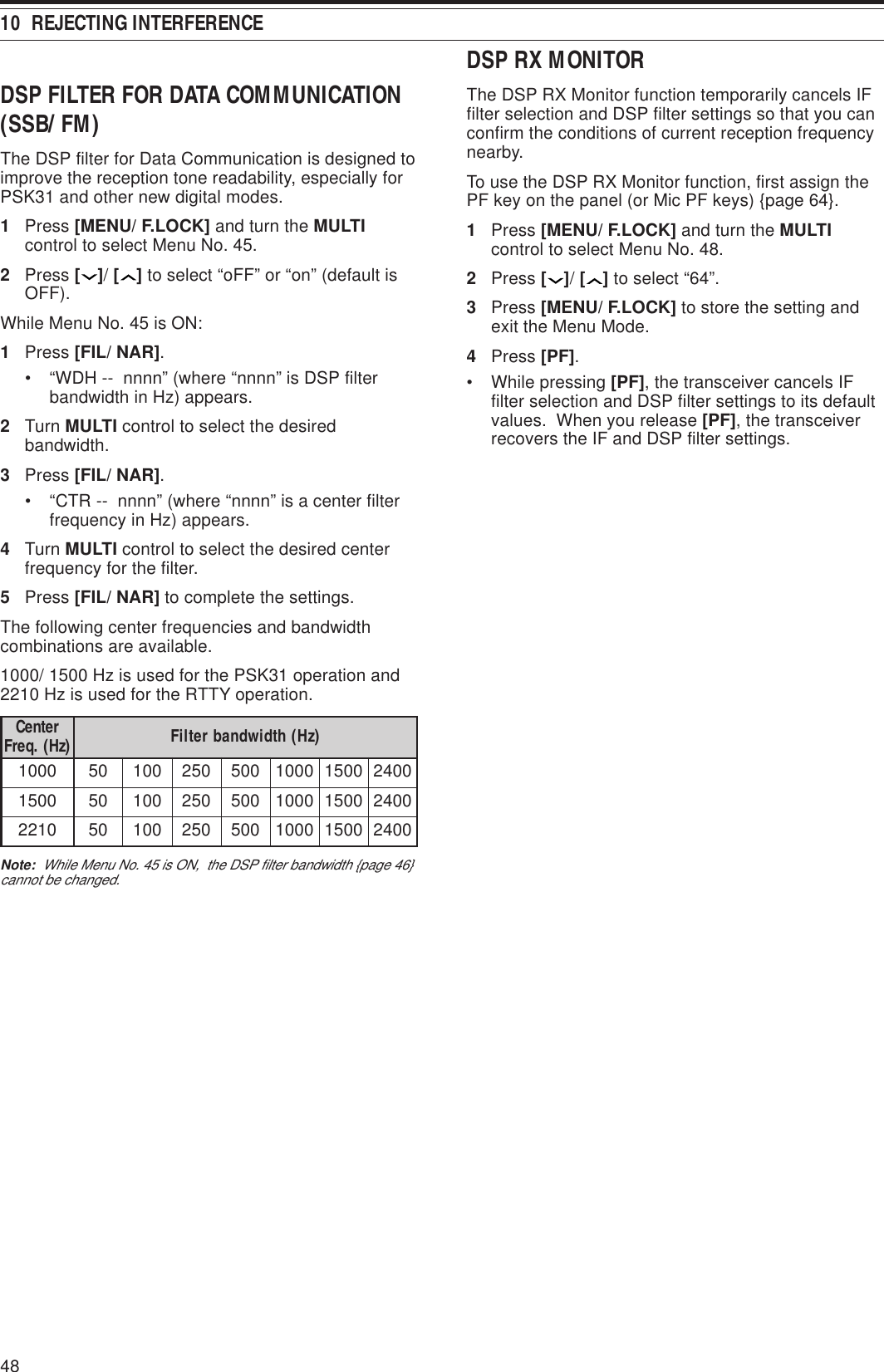 4810  REJECTING INTERFERENCEDSP FILTER FOR DATA COMMUNICATION(SSB/ FM)The DSP filter for Data Communication is designed toimprove the reception tone readability, especially forPSK31 and other new digital modes.1Press [MENU/ F.LOCK] and turn the MULTIcontrol to select Menu No. 45.2Press [ ]/ [ ] to select “oFF” or “on” (default isOFF).While Menu No. 45 is ON:1Press [FIL/ NAR].• “WDH --  nnnn” (where “nnnn” is DSP filterbandwidth in Hz) appears.2Turn MULTI control to select the desiredbandwidth.3Press [FIL/ NAR].• “CTR --  nnnn” (where “nnnn” is a center filterfrequency in Hz) appears.4Turn MULTI control to select the desired centerfrequency for the filter.5Press [FIL/ NAR] to complete the settings.The following center frequencies and bandwidthcombinations are available.1000/ 1500 Hz is used for the PSK31 operation and2210 Hz is used for the RTTY operation.retneC )zH(.qerF )zH(htdiwdnabretliF000105001052005000100510042005105001052005000100510042012205001052005000100510042Note:  While Menu No. 45 is ON,  the DSP filter bandwidth {page 46}cannot be changed.DSP RX MONITORThe DSP RX Monitor function temporarily cancels IFfilter selection and DSP filter settings so that you canconfirm the conditions of current reception frequencynearby.To use the DSP RX Monitor function, first assign thePF key on the panel (or Mic PF keys) {page 64}.1Press [MENU/ F.LOCK] and turn the MULTIcontrol to select Menu No. 48.2Press [ ]/ [ ] to select “64”.3Press [MENU/ F.LOCK] to store the setting andexit the Menu Mode.4Press [PF].• While pressing [PF], the transceiver cancels IFfilter selection and DSP filter settings to its defaultvalues.  When you release [PF], the transceiverrecovers the IF and DSP filter settings.