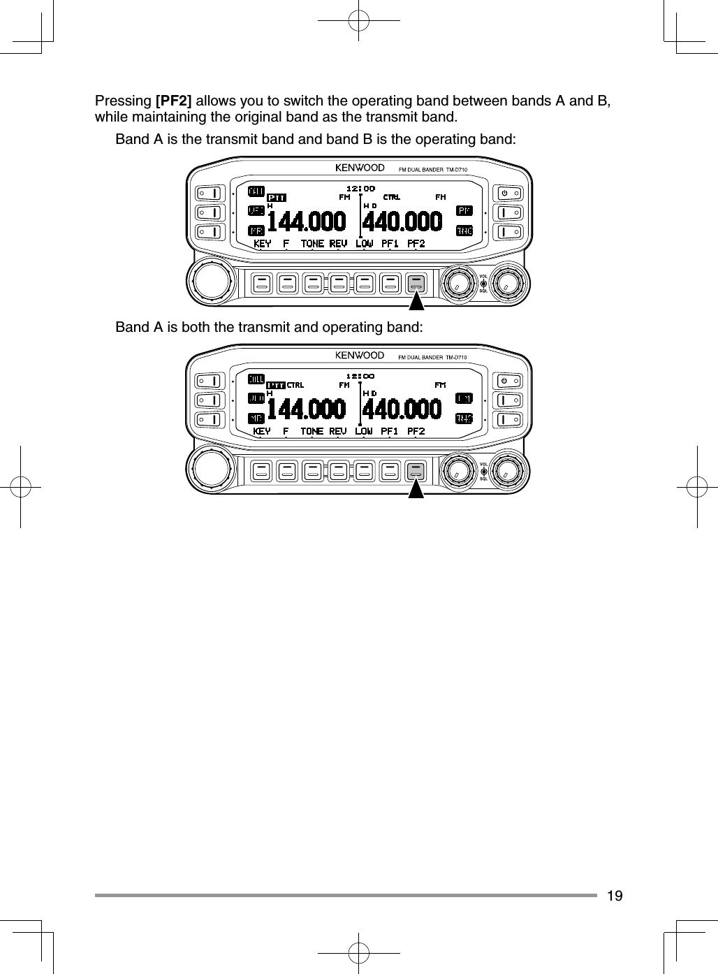 19Pressing [PF2] allows you to switch the operating band between bands A and B, while maintaining the original band as the transmit band.  Band A is the transmit band and band B is the operating band:  Band A is both the transmit and operating band: