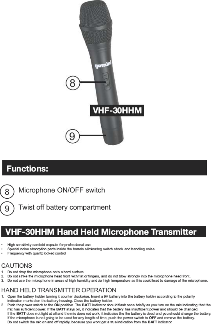 JWL Electronics VHF30HHM HANDHELD WIRELESS MICROPHONE User Manual for