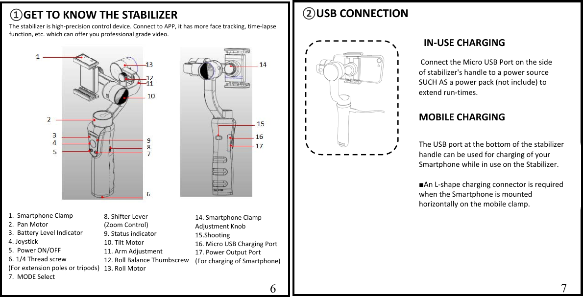   ②USB CONNECTION                    67 ①GET TO KNOW THE STABILIZERThe stabilizer is high-precision control device. Connect to APP, it has more face tracking, time-lapse function, etc. which can offer you professional grade video.                   14. Smartphone Clamp Adjustment Knob 15.Shooting 16. Micro USB Charging Port      17. Power Output Port  (For charging of Smartphone) 8. Shifter Lever (Zoom Control) 9. Status indicator                     10. Tilt Motor 11. Arm Adjustment 12. Roll Balance Thumbscrew13. Roll Motor   1.  Smartphone Clamp   2.  Pan Motor 3.  Battery Level Indicator 4. Joystick 5.  Power ON/OFF 6. 1/4 Thread screw  (For eatension poles or tripods)7.  MODE Select  6IN-USE CHARGING Connect the Micro USB Port on the side of stabilizer's handle to a power source SUCH AS a power pack (not include) to eatend run-times. The USB port at the bottom of the stabilizer handle can be used for charging of your Smartphone while in use on the Stabilizer.  ■An L-shape charging connector is required when the Smartphone is mounted horizontally on the mobile clamp. MOBILE CHARGING