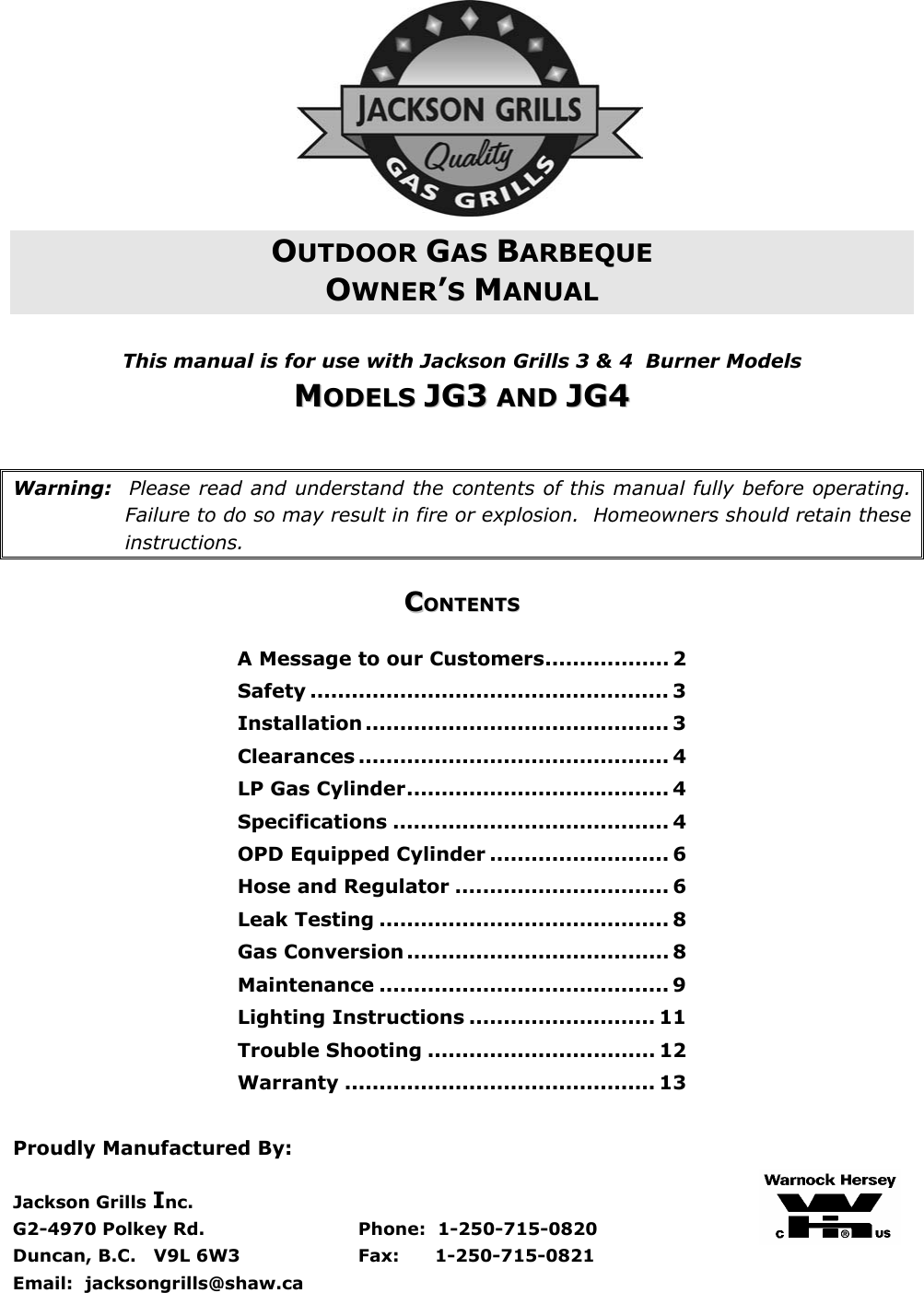 Page 1 of 12 - Jackson Jackson-Jg3-Users-Manual Grills Manual