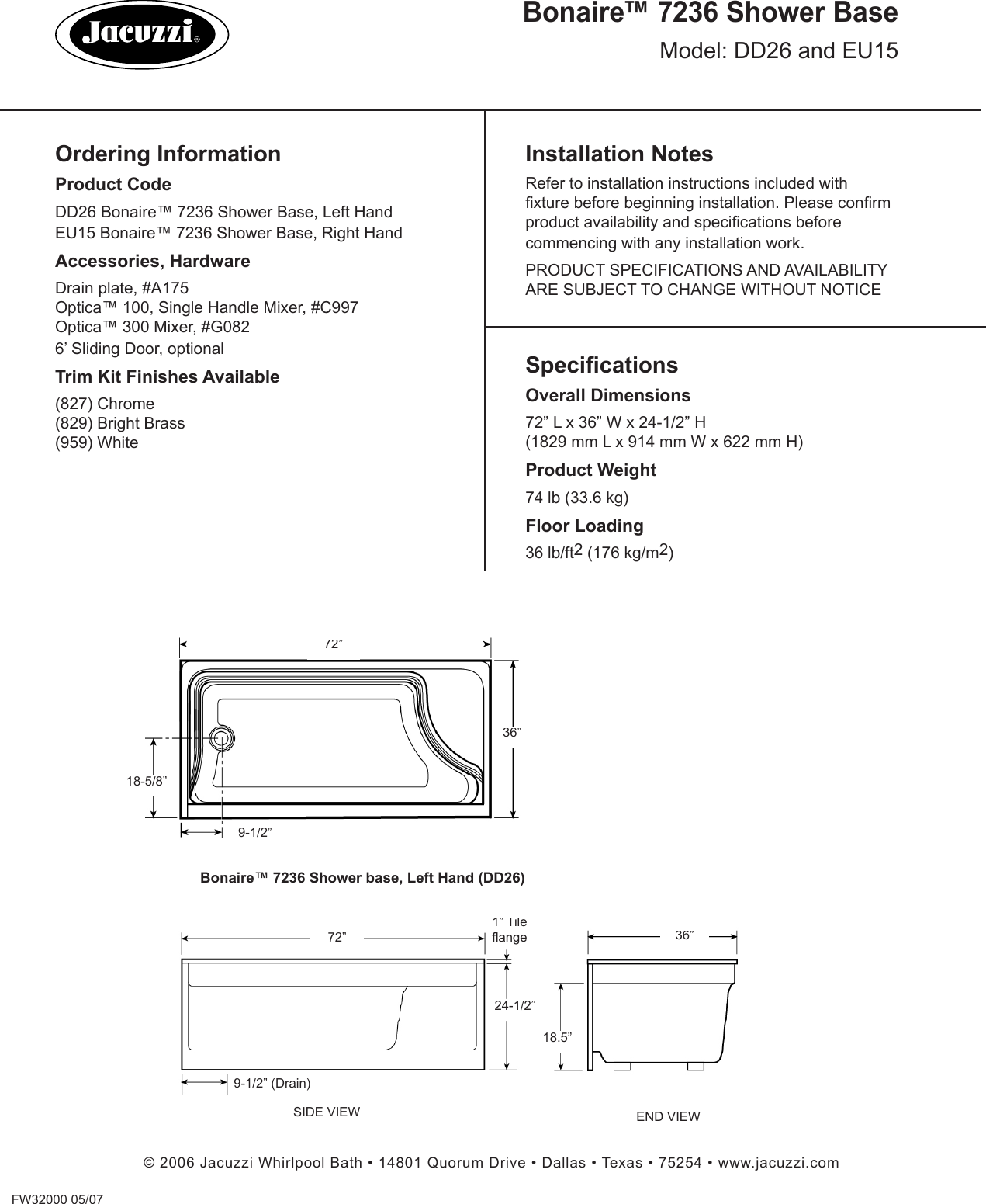 Page 2 of 2 - Jacuzzi Jacuzzi-Bonaire-7236-Shower-Base-Dd26-Users-Manual-  Jacuzzi-bonaire-7236-shower-base-dd26-users-manual