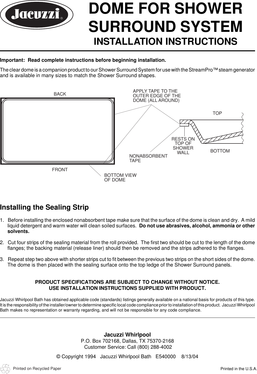 ... Array - jacuzzi dome for shower surround system users manual surr e540  rh usermanual ...
