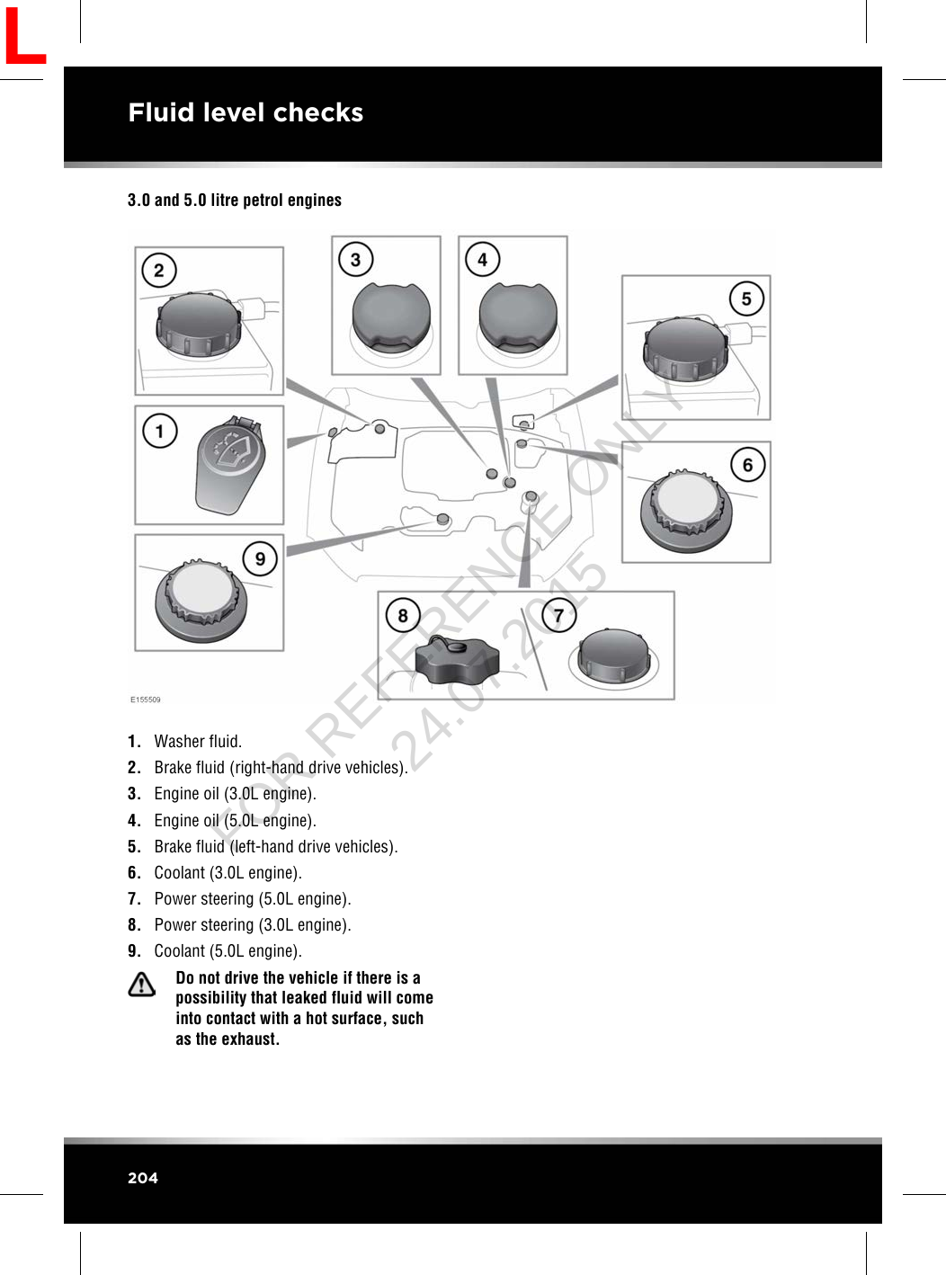 3.0 and 5.0 litre petrol engines1. Washer fluid.2. Brake fluid (right-hand drive vehicles).3. Engine oil (3.0L engine).4. Engine oil (5.0L engine).5. Brake fluid (left-hand drive vehicles).6. Coolant (3.0L engine).7. Power steering (5.0L engine).8. Power steering (3.0L engine).9. Coolant (5.0L engine).Do not drive the vehicle if there is apossibility that leaked fluid will comeinto contact with a hot surface, suchas the exhaust.204Fluid level checksLFOR REFERENCE ONLY 24.07.2015