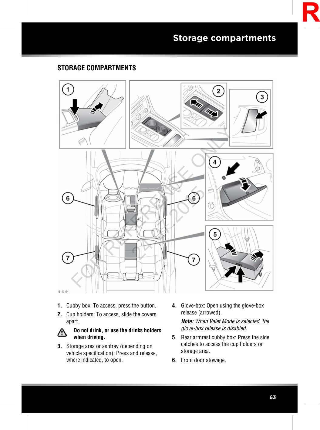 STORAGE COMPARTMENTS1. Cubby box: To access, press the button.2. Cup holders: To access, slide the coversapart.Do not drink, or use the drinks holderswhen driving.3. Storage area or ashtray (depending onvehicle specification): Press and release,where indicated, to open.4. Glove-box: Open using the glove-boxrelease (arrowed).Note: When Valet Mode is selected, theglove-box release is disabled.5. Rear armrest cubby box: Press the sidecatches to access the cup holders orstorage area.6. Front door stowage.63Storage compartmentsRFOR REFERENCE ONLY 24.07.2015