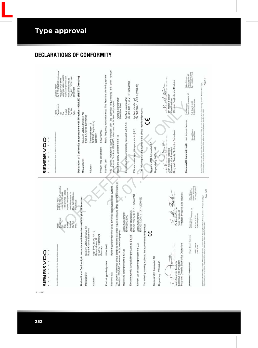 DECLARATIONS OF CONFORMITY252Type approvalLFOR REFERENCE ONLY 24.07.2015