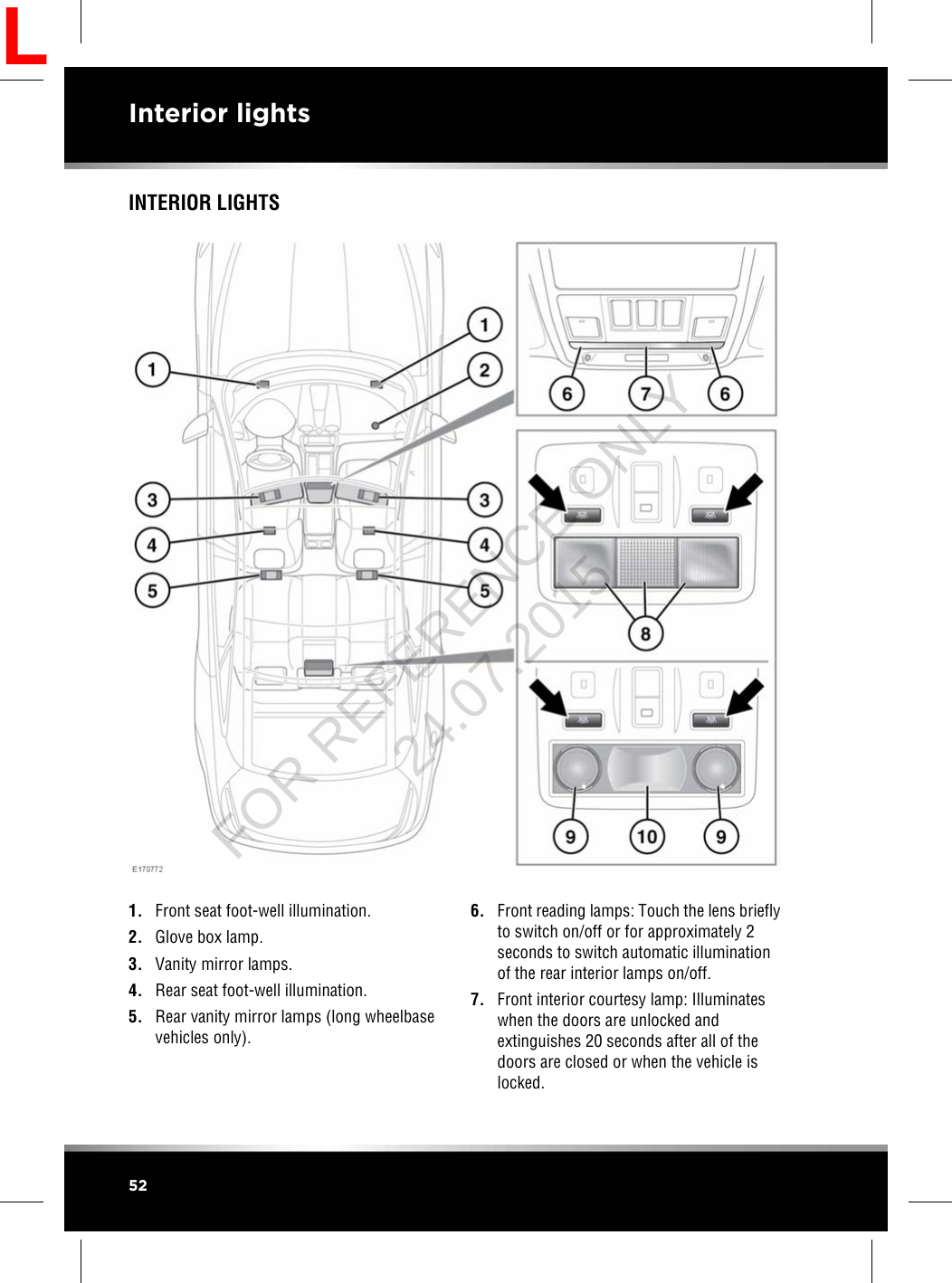 INTERIOR LIGHTS1. Front seat foot-well illumination.2. Glove box lamp.3. Vanity mirror lamps.4. Rear seat foot-well illumination.5. Rear vanity mirror lamps (long wheelbasevehicles only).6. Front reading lamps: Touch the lens brieflyto switch on/off or for approximately 2seconds to switch automatic illuminationof the rear interior lamps on/off.7. Front interior courtesy lamp: Illuminateswhen the doors are unlocked andextinguishes 20 seconds after all of thedoors are closed or when the vehicle islocked.52Interior lightsLFOR REFERENCE ONLY 24.07.2015