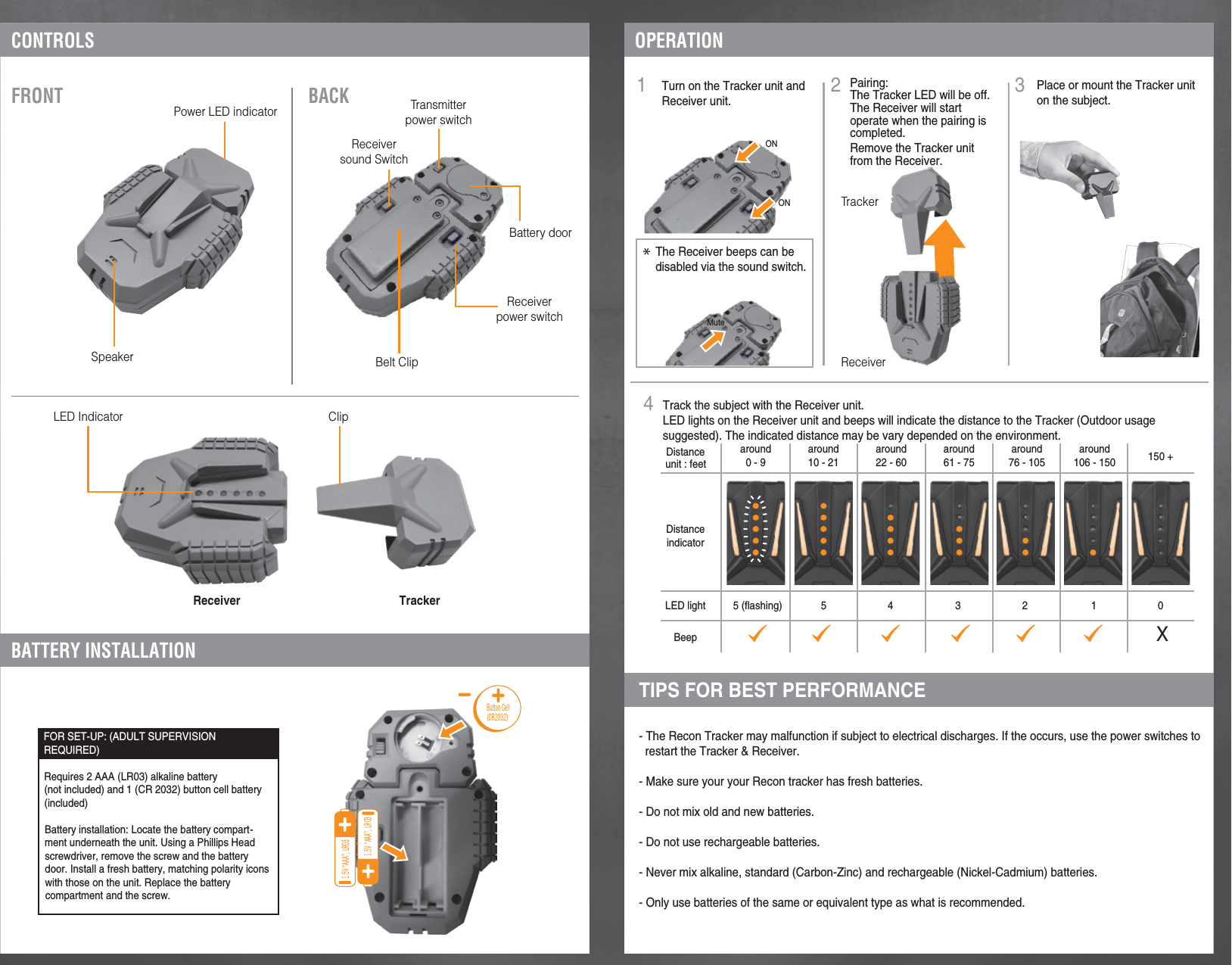 CONTROLSBATTERY INSTALLATIONOPERATIONTIPS FOR BEST PERFORMANCESpeakerReceiver Receiver TrackerTrackerClipLED IndicatorReceiverpower switchReceiversound Switch Power LED indicatorFRONT BACK Transmitterpower switchBelt ClipBattery door1.5V “AAA”, LR031.5V “AAA”, LR03- The Recon Tracker may malfunction if subject to electrical discharges. If the occurs, use the power switches to   restart the Tracker &amp; Receiver.- Make sure your your Recon tracker has fresh batteries.- Do not mix old and new batteries.- Do not use rechargeable batteries.- Never mix alkaline, standard (Carbon-Zinc) and rechargeable (Nickel-Cadmium) batteries.- Only use batteries of the same or equivalent type as what is recommended.1Turn on the Tracker unit andReceiver unit.The Receiver beeps can bedisabled via the sound switch.Place or mount the Tracker uniton the subject.Track the subject with the Receiver unit.LED lights on the Receiver unit and beeps will indicate the distance to the Tracker (Outdoor usagesuggested). The indicated distance may be vary depended on the environment.Remove the Tracker unit from the Receiver.Pairing:The Tracker LED will be off.The Receiver will start operate when the pairing is completed.243FOR SET-UP: (ADULT SUPERVISIONREQUIRED)Requires 2 AAA (LR03) alkaline battery(not included) and 1 (CR 2032) button cell battery (included)Battery installation: Locate the battery compart-ment underneath the unit. Using a Phillips Head screwdriver, remove the screw and the battery door. Install a fresh battery, matching polarity icons with those on the unit. Replace the battery compartment and the screw.ONMuteONLED lightDistanceindicatorDistanceunit : feetBeep X5 (flashing)around0 - 9around10 - 21around22 - 60around61 - 75around76 - 105around106 - 150 150 +5 4 3 2 1 0*Button Cell(CR2032) 
