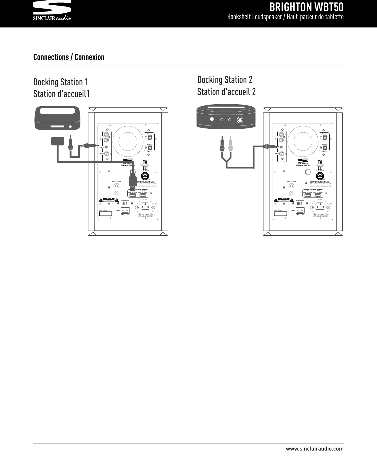 BRIGHTON WBT50Bookshelf Loudspeaker / Haut-parleur de tablettewww.sinclairaudio.comDocking Station 1Station d&apos;accueil1Connections / ConnexionDocking Station 2Station d&apos;accueil 2