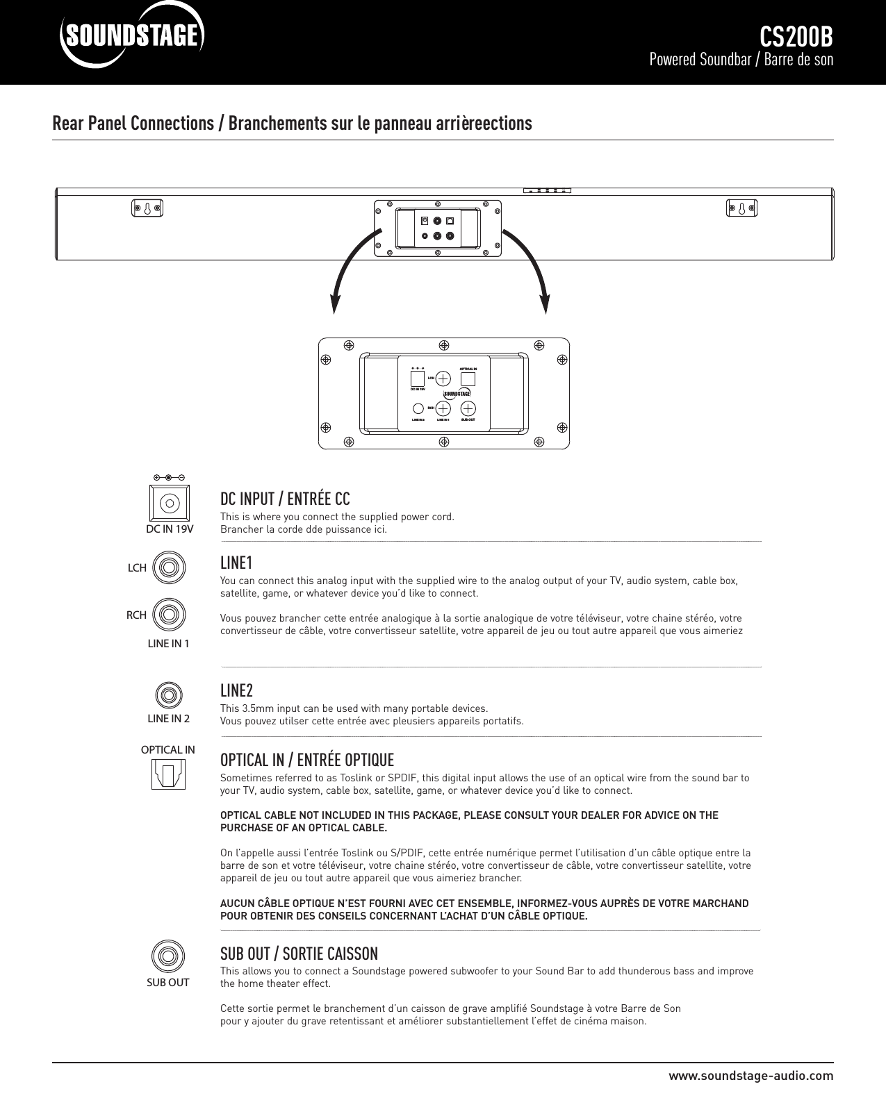 www.soundstage-audio.comCS200BPowered Soundbar / Barre de sonOOPPTTIICCAA LL  IINNSSUUBB  OOUUTTRRCCHHLLCCHHDDCC  IINN  1199VVLLIINNEE  IINN  11LLIINNEE  IINN  22    DC IN 19V    DC INPUT / ENTRÉE CC This is where you connect the supplied power cord.Brancher la corde dde puissance ici.    LCH   RCHLINE IN 1 LINE1You can connect this analog input with the supplied wire to the analog output of your TV, audio system, cable box,satellite, game, or whatever device you’d like to connect.Vous pouvez brancher cette entrée analogique à la sortie analogique de votre téléviseur, votre chaine stéréo, votreconvertisseur de câble, votre convertisseur satellite, votre appareil de jeu ou tout autre appareil que vous aimeriez LINE IN 2       LINE2This 3.5mm input can be used with many portable devices.Vous pouvez utilser cette entrée avec pleusiers appareils portatifs.OPTICAL IN          OPTICAL IN / ENTRÉE OPTIQUE Sometimes referred to as Toslink or SPDIF, this digital input allows the use of an optical wire from the sound bar toyour TV, audio system, cable box, satellite, game, or whatever device you’d like to connect.OPTICAL CABLE NOT INCLUDED IN THIS PACKAGE, PLEASE CONSULT YOUR DEALER FOR ADVICE ON THE PURCHASE OF AN OPTICAL CABLE.On l’appelle aussi l’entrée Toslink ou S/PDIF, cette entrée numérique permet l’utilisation d’un câble optique entre labarre de son et votre téléviseur, votre chaine stéréo, votre convertisseur de câble, votre convertisseur satellite, votreappareil de jeu ou tout autre appareil que vous aimeriez brancher.  AUCUN CÂBLE OPTIQUE N’EST FOURNI AVEC CET ENSEMBLE, INFORMEZ-VOUS AUPRÈS DE VOTRE MARCHANDPOUR OBTENIR DES CONSEILS CONCERNANT L’ACHAT D’UN CÂBLE OPTIQUE.           SUB OUTSUB OUT / SORTIE CAISSON This allows you to connect a Soundstage powered subwoofer to your Sound Bar to add thunderous bass and improvethe home theater effect.Cette sortie permet le branchement d’un caisson de grave amplifié Soundstage à votre Barre de Sonpour y ajouter du grave retentissant et améliorer substantiellement l’effet de cinéma maison.Rear Panel Connections / Branchements sur le panneau arrièreections