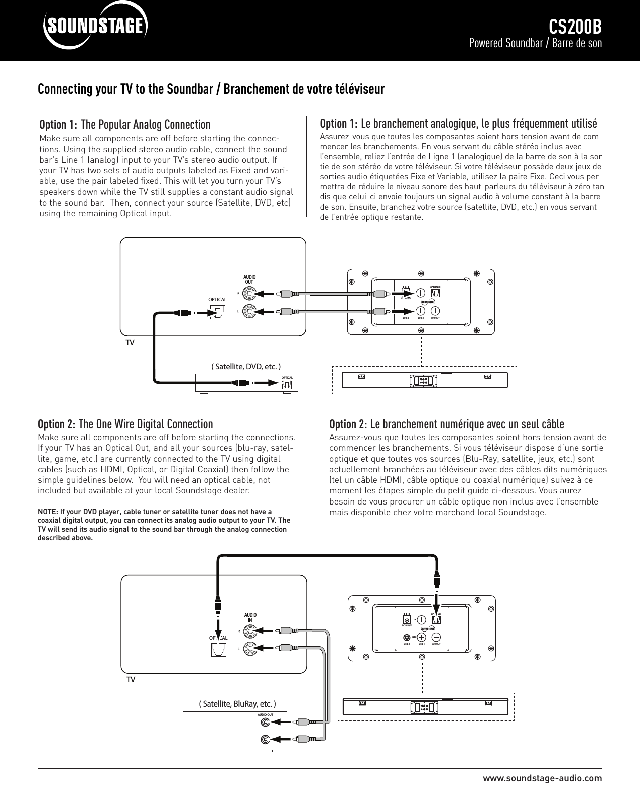 www.soundstage-audio.comCS200BPowered Soundbar / Barre de sonConnecting your TV to the Soundbar / Branchement de votre téléviseurOption 1: The Popular Analog ConnectionMake sure all components are off before starting the connec-tions. Using the supplied stereo audio cable, connect the soundbar’s Line 1 (analog) input to your TV’s stereo audio output. Ifyour TV has two sets of audio outputs labeled as Fixed and vari-able, use the pair labeled fixed. This will let you turn your TV’sspeakers down while the TV still supplies a constant audio signalto the sound bar.  Then, connect your source (Satellite, DVD, etc)using the remaining Optical input.OPTICAL( Satellite, DVD, etc. )OPTICAL                  OOPPTTIICCAALL  IINNRRCCHHLLCCHHDC IN 19VLINE 2 LINE 1 SUB OUT               AUDIOOUTTV                                                     Option 1: Le branchement analogique, le plus fréquemment utiliséAssurez-vous que toutes les composantes soient hors tension avant de com-mencer les branchements. En vous servant du câble stéréo inclus avecl’ensemble, reliez l’entrée de Ligne 1 (analogique) de la barre de son à la sor-tie de son stéréo de votre téléviseur. Si votre téléviseur possède deux jeux desorties audio étiquetées Fixe et Variable, utilisez la paire Fixe. Ceci vous per-mettra de réduire le niveau sonore des haut-parleurs du téléviseur à zéro tan-dis que celui-ci envoie toujours un signal audio à volume constant à la barrede son. Ensuite, branchez votre source (satellite, DVD, etc.) en vous servantde l’entrée optique restante.Option 2: The One Wire Digital ConnectionMake sure all components are off before starting the connections.If your TV has an Optical Out, and all your sources (blu-ray, satel-lite, game, etc.) are currently connected to the TV using digitalcables (such as HDMI, Optical, or Digital Coaxial) then follow thesimple guidelines below.  You will need an optical cable, notincluded but available at your local Soundstage dealer.NOTE: If your DVD player, cable tuner or satellite tuner does not have a coaxial digital output, you can connect its analog audio output to your TV. TheTV will send its audio signal to the sound bar through the analog connectiondescribed above.Option 2: Le branchement numérique avec un seul câbleAssurez-vous que toutes les composantes soient hors tension avant decommencer les branchements. Si vous téléviseur dispose d’une sortieoptique et que toutes vos sources (Blu-Ray, satellite, jeux, etc.) sontactuellement branchées au téléviseur avec des câbles dits numériques(tel un câble HDMI, câble optique ou coaxial numérique) suivez à cemoment les étapes simple du petit guide ci-dessous. Vous aurezbesoin de vous procurer un câble optique non inclus avec l’ensemblemais disponible chez votre marchand local Soundstage.OPTICAL                                                  OOPPTTIICCAALL  IINNRRCCHHLLCCHHDC IN 19VLINE 2 LINE 1 SUB OUT                 AUDIOIN( Satellite, BluRay, etc. )AUDIO OUTTV                  