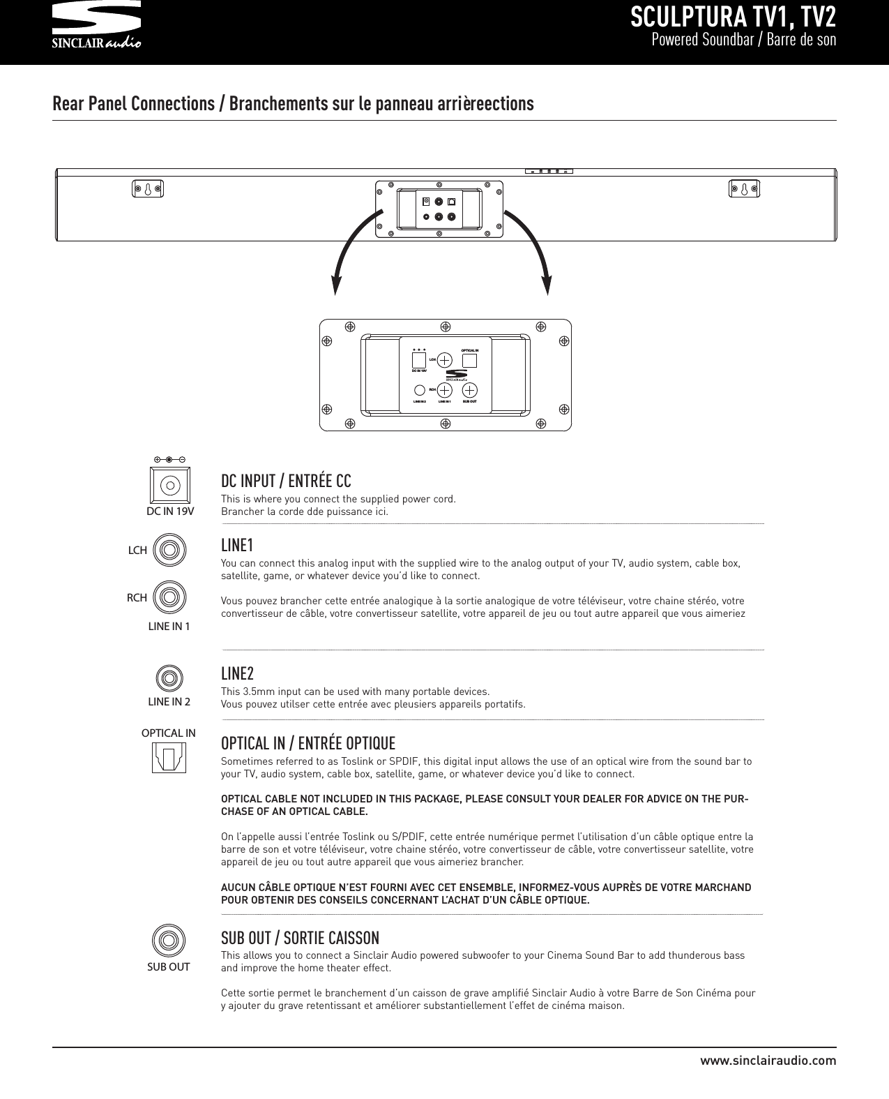 SCULPTURA TV1, TV2Powered Soundbar / Barre de sonwww.sinclairaudio.comOOPPTTIICCAALL  IINNSSUU BB  OOUUTTRRCCHHLLCCHHDDCC  IINN  1199VVLLIINN EE  IINN  11LLIINNEE  IINN  22    DC IN 19V    DC INPUT / ENTRÉE CC This is where you connect the supplied power cord.Brancher la corde dde puissance ici.    LCH   RCHLINE IN 1 LINE1You can connect this analog input with the supplied wire to the analog output of your TV, audio system, cable box,satellite, game, or whatever device you’d like to connect.Vous pouvez brancher cette entrée analogique à la sortie analogique de votre téléviseur, votre chaine stéréo, votreconvertisseur de câble, votre convertisseur satellite, votre appareil de jeu ou tout autre appareil que vous aimeriez LINE IN 2       LINE2This 3.5mm input can be used with many portable devices.Vous pouvez utilser cette entrée avec pleusiers appareils portatifs.OPTICAL IN          OPTICAL IN / ENTRÉE OPTIQUE Sometimes referred to as Toslink or SPDIF, this digital input allows the use of an optical wire from the sound bar toyour TV, audio system, cable box, satellite, game, or whatever device you’d like to connect.OPTICAL CABLE NOT INCLUDED IN THIS PACKAGE, PLEASE CONSULT YOUR DEALER FOR ADVICE ON THE PUR-CHASE OF AN OPTICAL CABLE.On l’appelle aussi l’entrée Toslink ou S/PDIF, cette entrée numérique permet l’utilisation d’un câble optique entre labarre de son et votre téléviseur, votre chaine stéréo, votre convertisseur de câble, votre convertisseur satellite, votreappareil de jeu ou tout autre appareil que vous aimeriez brancher.  AUCUN CÂBLE OPTIQUE N’EST FOURNI AVEC CET ENSEMBLE, INFORMEZ-VOUS AUPRÈS DE VOTRE MARCHANDPOUR OBTENIR DES CONSEILS CONCERNANT L’ACHAT D’UN CÂBLE OPTIQUE.           SUB OUTSUB OUT / SORTIE CAISSON This allows you to connect a Sinclair Audio powered subwoofer to your Cinema Sound Bar to add thunderous bassand improve the home theater effect.Cette sortie permet le branchement d’un caisson de grave amplifié Sinclair Audio à votre Barre de Son Cinéma poury ajouter du grave retentissant et améliorer substantiellement l’effet de cinéma maison.Rear Panel Connections / Branchements sur le panneau arrièreections