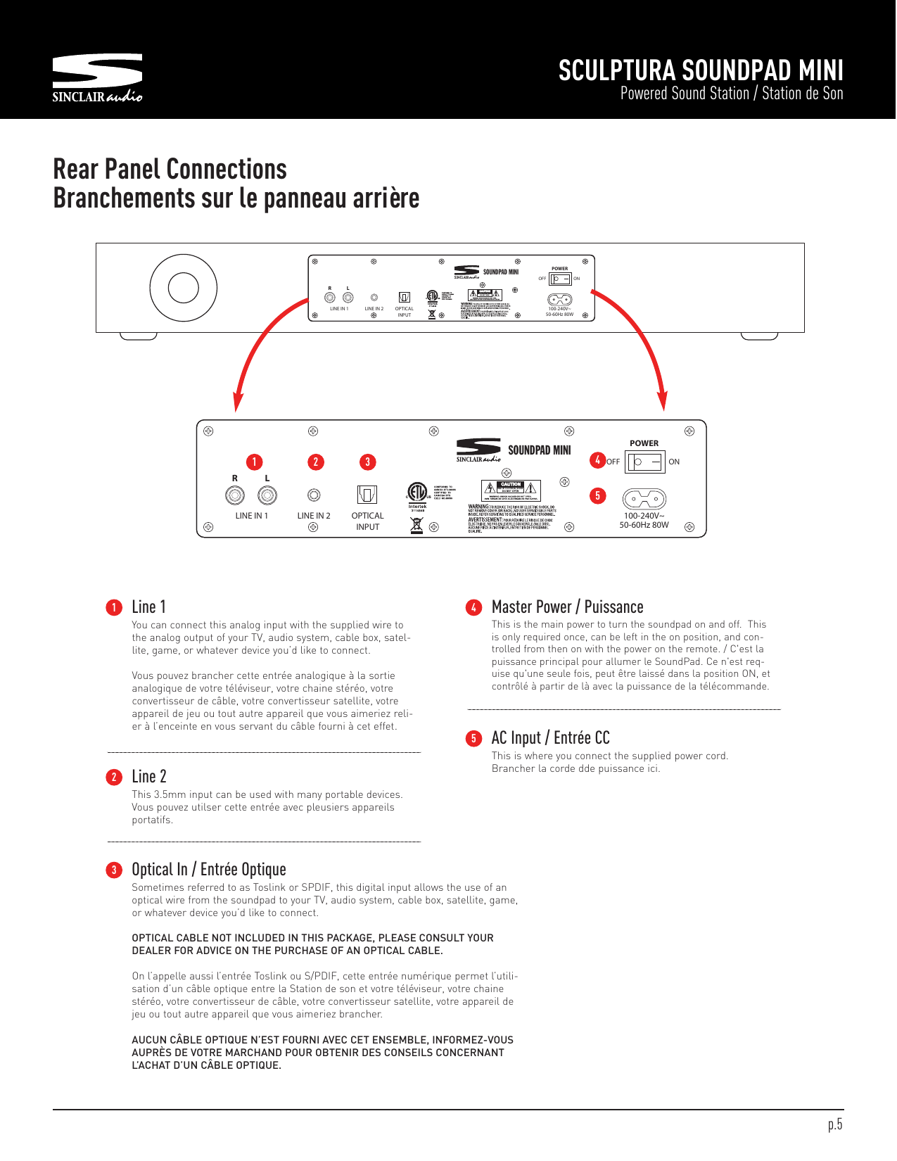 SCULPTURA SOUNDPAD MINIPowered Sound Station / Station de SonSOUNDPAD MINIRLINE IN 1 LINE IN 2 OPTICALINPUT100-240V~50-60Hz 80WLPOWEROFF ONSOUNDPAD MINIRLINE IN 1 LINE IN 2 OPTICALINPUT100-240V~50-60Hz 80WLPOWEROFF ONRear Panel ConnectionsBranchements sur le panneau arrière54Line 1You can connect this analog input with the supplied wire tothe analog output of your TV, audio system, cable box, satel-lite, game, or whatever device you’d like to connect.Vous pouvez brancher cette entrée analogique à la sortieanalogique de votre téléviseur, votre chaine stéréo, votreconvertisseur de câble, votre convertisseur satellite, votreappareil de jeu ou tout autre appareil que vous aimeriez reli-er à l’enceinte en vous servant du câble fourni à cet effet.1Master Power / PuissanceThis is the main power to turn the soundpad on and off. Thisis only required once, can be left in the on position, and con-trolled from then on with the power on the remote. / C&apos;est lapuissance principal pour allumer le SoundPad. Ce n&apos;est req-uise qu&apos;une seule fois, peut être laissé dans la position ON, etcontrôlé à partir de là avec la puissance de la télécommande.4Line 2This 3.5mm input can be used with many portable devices.Vous pouvez utilser cette entrée avec pleusiers appareilsportatifs.2Optical In / Entrée OptiqueSometimes referred to as Toslink or SPDIF, this digital input allows the use of anoptical wire from the soundpad to your TV, audio system, cable box, satellite, game,or whatever device you’d like to connect.OPTICAL CABLE NOT INCLUDED IN THIS PACKAGE, PLEASE CONSULT YOURDEALER FOR ADVICE ON THE PURCHASE OF AN OPTICAL CABLE.On l’appelle aussi l’entrée Toslink ou S/PDIF, cette entrée numérique permet l’utili-sation d’un câble optique entre la Station de son et votre téléviseur, votre chainestéréo, votre convertisseur de câble, votre convertisseur satellite, votre appareil dejeu ou tout autre appareil que vous aimeriez brancher.AUCUN CÂBLE OPTIQUE N’EST FOURNI AVEC CET ENSEMBLE, INFORMEZ-VOUSAUPRÈS DE VOTRE MARCHAND POUR OBTENIR DES CONSEILS CONCERNANTL’ACHAT D’UN CÂBLE OPTIQUE.3AC Input / Entrée CCThis is where you connect the supplied power cord.Brancher la corde dde puissance ici.51 2 3p.5