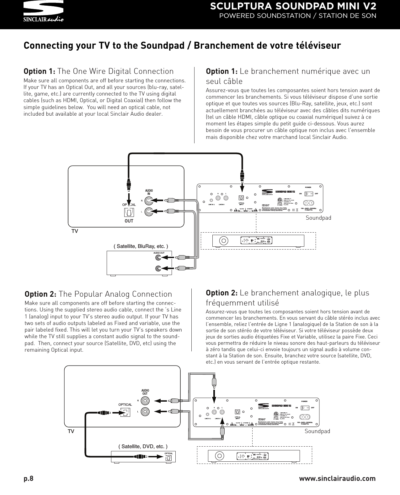 SCULPTURA SOUNDPAD MINI V2POWERED SOUNDSTATION / STATION DE SONConnecting your TV to the Soundpad / Branchement de votre téléviseurOption 2:The Popular Analog ConnectionMake sure all components are off before starting the connec-tions. Using the supplied stereo audio cable, connect the ’s Line1 (analog) input to your TV’s stereo audio output. If your TV hastwo sets of audio outputs labeled as Fixed and variable, use thepair labeled fixed. This will let you turn your TV’s speakers downwhile the TV still supplies a constant audio signal to the sound-pad.  Then, connect your source (Satellite, DVD, etc) using theremaining Optical input.OPTICAL                                                                    Manufactured under license from Dolby Laboratories. Dolby an d the double-D symbol are trademarks of D olby Laboratories.POWERON OFF100 - 240V~,50/60Hz70 WATTSSOUNDPAD MINI V2Manufactured under license from Dolby Laboratories. Dolby and the double-D symbol are trademarks of Dolby Laboratories.POWERON OFF100 - 240V~,50/60Hz70 WATTSSOUNDPAD MINI V2( Satellite, DVD, etc. )OPTICALAUDIOOUTTV                                .                   .   ,            .                   .   ,   Option 2: Le branchement analogique, le plusfréquemment utiliséAssurez-vous que toutes les composantes soient hors tension avant decommencer les branchements. En vous servant du câble stéréo inclus avecl’ensemble, reliez l’entrée de Ligne 1 (analogique) de la Station de son à lasortie de son stéréo de votre téléviseur. Si votre téléviseur possède deuxjeux de sorties audio étiquetées Fixe et Variable, utilisez la paire Fixe. Cecivous permettra de réduire le niveau sonore des haut-parleurs du téléviseurà zéro tandis que celui-ci envoie toujours un signal audio à volume con-stant à la Station de son. Ensuite, branchez votre source (satellite, DVD,etc.) en vous servant de l’entrée optique restante.Option 1: The One Wire Digital ConnectionMake sure all components are off before starting the connections.If your TV has an Optical Out, and all your sources (blu-ray, satel-lite, game, etc.) are currently connected to the TV using digitalcables (such as HDMI, Optical, or Digital Coaxial) then follow thesimple guidelines below.  You will need an optical cable, notincluded but available at your local Sinclair Audio dealer.Option 1: Le branchement numérique avec unseul câbleAssurez-vous que toutes les composantes soient hors tension avant decommencer les branchements. Si vous téléviseur dispose d’une sortieoptique et que toutes vos sources (Blu-Ray, satellite, jeux, etc.) sontactuellement branchées au téléviseur avec des câbles dits numériques(tel un câble HDMI, câble optique ou coaxial numérique) suivez à cemoment les étapes simple du petit guide ci-dessous. Vous aurezbesoin de vous procurer un câble optique non inclus avec l’ensemblemais disponible chez votre marchand local Sinclair Audio.OPTICAL                                  Manufactured under license from Dolby Laboratories. Dolby an d the double-D symbol are trademarks of D olby Laboratories.POWERON OFF100 - 240V~,50/60Hz70 WATTSSOUNDPAD MINI V2                                           .                   .   ,                 AUDIOIN( Satellite, BluRay, etc. )AUDIO OUTTV        Manufactured under license from Dolby Laboratories. Dolby and the double-D symbol are trademarks of Dolby Laboratories.POWERON OFF100 - 240V~,50/60Hz70 WATTSSOUNDPAD MINI V2        .                   .   ,    SoundpadSoundpadOUTp.8 www.sinclairaudio.com