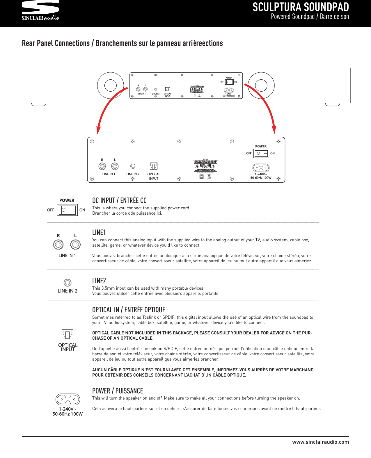 SCULPTURA SOUNDPADPowered Soundpad / Barre de sonwww.sinclairaudio.comRLINE IN 1 LINE IN 2 OPTICALINPUT1-240V~50-60Hz 100WLPOWEROFF ONRLINE IN 1 LINE IN 2 OPTICALINPUT1-240V~50-60Hz 100WLPOWEROFF ON       POWEROFF ONDC INPUT / ENTRÉE CC This is where you connect the supplied power cord.Brancher la corde dde puissance ici. RLINE IN 1L   LINE1You can connect this analog input with the supplied wire to the analog output of your TV, audio system, cable box,satellite, game, or whatever device you’d like to connect.Vous pouvez brancher cette entrée analogique à la sortie analogique de votre téléviseur, votre chaine stéréo, votreconvertisseur de câble, votre convertisseur satellite, votre appareil de jeu ou tout autre appareil que vous aimeriez    LINE IN 2LINE2This 3.5mm input can be used with many portable devices.Vous pouvez utilser cette entrée avec pleusiers appareils portatifs.       OPTICALINPUTOPTICAL IN / ENTRÉE OPTIQUE Sometimes referred to as Toslink or SPDIF, this digital input allows the use of an optical wire from the soundpad toyour TV, audio system, cable box, satellite, game, or whatever device you’d like to connect.OPTICAL CABLE NOT INCLUDED IN THIS PACKAGE, PLEASE CONSULT YOUR DEALER FOR ADVICE ON THE PUR-CHASE OF AN OPTICAL CABLE.On l’appelle aussi l’entrée Toslink ou S/PDIF, cette entrée numérique permet l’utilisation d’un câble optique entre labarre de son et votre téléviseur, votre chaine stéréo, votre convertisseur de câble, votre convertisseur satellite, votreappareil de jeu ou tout autre appareil que vous aimeriez brancher.  AUCUN CÂBLE OPTIQUE N’EST FOURNI AVEC CET ENSEMBLE, INFORMEZ-VOUS AUPRÈS DE VOTRE MARCHANDPOUR OBTENIR DES CONSEILS CONCERNANT L’ACHAT D’UN CÂBLE OPTIQUE. 1-240V~50-60Hz 100W      POWER / PUISSANCEThis will turn the speaker on and off. Make sure to make all your connections before turning the speaker on.Cela activera le haut-parleur sur et en dehors. s&apos;assurer de faire toutes vos connexions avant de mettre l&apos; haut-parleur.Rear Panel Connections / Branchements sur le panneau arrièreections