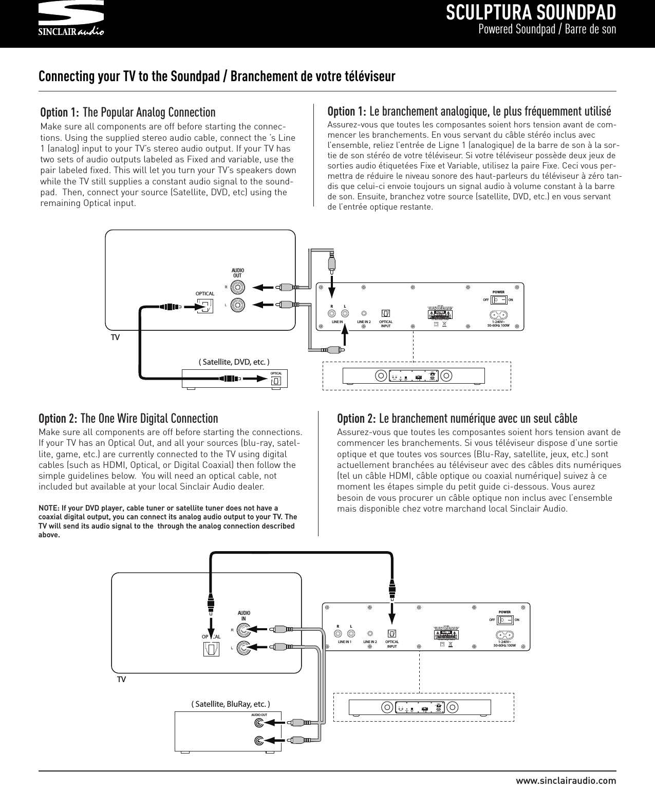 SCULPTURA SOUNDPADPowered Soundpad / Barre de sonwww.sinclairaudio.comConnecting your TV to the Soundpad / Branchement de votre téléviseurOption 1: The Popular Analog ConnectionMake sure all components are off before starting the connec-tions. Using the supplied stereo audio cable, connect the ’s Line1 (analog) input to your TV’s stereo audio output. If your TV hastwo sets of audio outputs labeled as Fixed and variable, use thepair labeled fixed. This will let you turn your TV’s speakers downwhile the TV still supplies a constant audio signal to the sound-pad.  Then, connect your source (Satellite, DVD, etc) using theremaining Optical input.OPTICAL                ( Satellite, DVD, etc. )OPTICALAUDIOOUTTVRLINE IN 1 LINE IN 2 OPTICALINPUT1-240V~50-60Hz 100WLPOWEROFF ON                       RLINE IN 1 LINE IN 2 OPTICALINPUTLPOWEROFF ON1-240V~50-60Hz 100W                Option 1: Le branchement analogique, le plus fréquemment utiliséAssurez-vous que toutes les composantes soient hors tension avant de com-mencer les branchements. En vous servant du câble stéréo inclus avecl’ensemble, reliez l’entrée de Ligne 1 (analogique) de la barre de son à la sor-tie de son stéréo de votre téléviseur. Si votre téléviseur possède deux jeux desorties audio étiquetées Fixe et Variable, utilisez la paire Fixe. Ceci vous per-mettra de réduire le niveau sonore des haut-parleurs du téléviseur à zéro tan-dis que celui-ci envoie toujours un signal audio à volume constant à la barrede son. Ensuite, branchez votre source (satellite, DVD, etc.) en vous servantde l’entrée optique restante.Option 2: The One Wire Digital ConnectionMake sure all components are off before starting the connections.If your TV has an Optical Out, and all your sources (blu-ray, satel-lite, game, etc.) are currently connected to the TV using digitalcables (such as HDMI, Optical, or Digital Coaxial) then follow thesimple guidelines below.  You will need an optical cable, notincluded but available at your local Sinclair Audio dealer.NOTE: If your DVD player, cable tuner or satellite tuner does not have a coaxial digital output, you can connect its analog audio output to your TV. TheTV will send its audio signal to the  through the analog connection describedabove.Option 2: Le branchement numérique avec un seul câbleAssurez-vous que toutes les composantes soient hors tension avant decommencer les branchements. Si vous téléviseur dispose d’une sortieoptique et que toutes vos sources (Blu-Ray, satellite, jeux, etc.) sontactuellement branchées au téléviseur avec des câbles dits numériques(tel un câble HDMI, câble optique ou coaxial numérique) suivez à cemoment les étapes simple du petit guide ci-dessous. Vous aurezbesoin de vous procurer un câble optique non inclus avec l’ensemblemais disponible chez votre marchand local Sinclair Audio.OPTICALRLINE IN 1 LINE IN 2 OPTICALINPUTLPOWEROFF ON1-240V~50-60Hz 100W                              AUDIOIN( Satellite, BluRay, etc. )AUDIO OUTTV                RLINE IN 1 LINE IN 2 OPTICALINPUT1-240V~50-60Hz 100WLPOWEROFF ON        