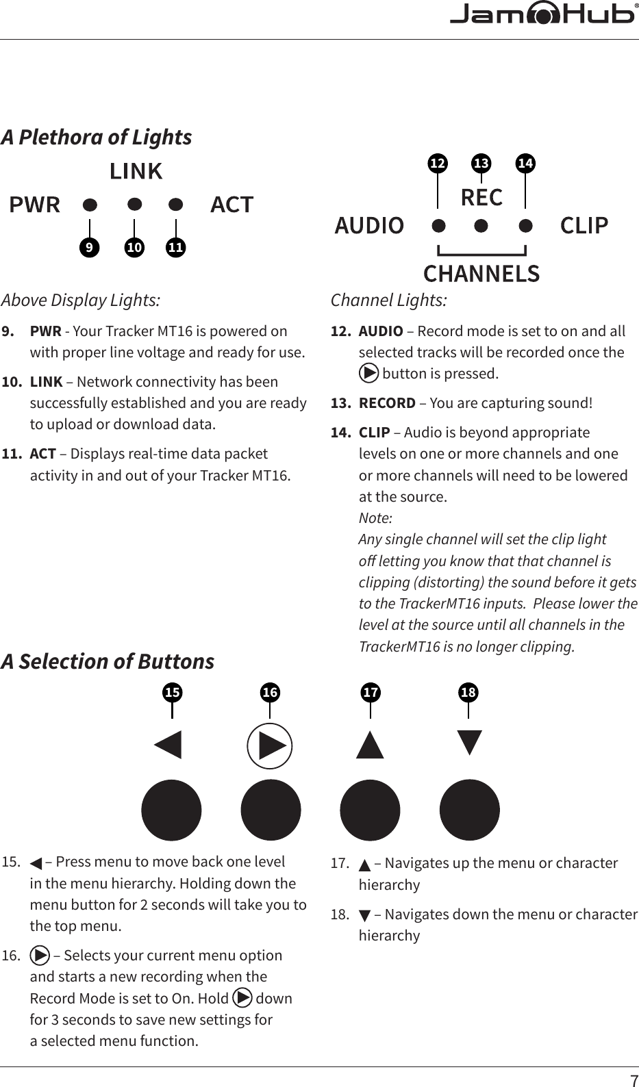 7A Plethora of LightsAbove Display Lights:9.  PWR - Your Tracker MT16 is powered on with proper line voltage and ready for use.  10.  LINK – Network connectivity has been successfully established and you are ready to upload or download data. 11.  ACT – Displays real-time data packet activity in and out of your Tracker MT16.A Selection of ButtonsChannel Lights:12.  AUDIO – Record mode is set to on and all selected tracks will be recorded once the  button is pressed. 13.  RECORD–Youarecapturingsound!14.  CLIP – Audio is beyond appropriate  levels on one or more channels and one  or more channels will need to be lowered at the source.   Note:  Any single channel will set the clip light o letting you know that that channel is clipping (distorting) the sound before it gets to the TrackerMT16 inputs.  Please lower the level at the source until all channels in the TrackerMT16 is no longer clipping.181716159 10 1112 13 1415.   – Press menu to move back one level in the menu hierarchy. Holding down the menu button for 2 seconds will take you to the top menu. 16.   – Selects your current menu option and starts a new recording when the Record Mode is set to On. Hold   down for 3 seconds to save new settings for  a selected menu function. 17.   – Navigates up the menu or character hierarchy 18.   – Navigates down the menu or character hierarchy 