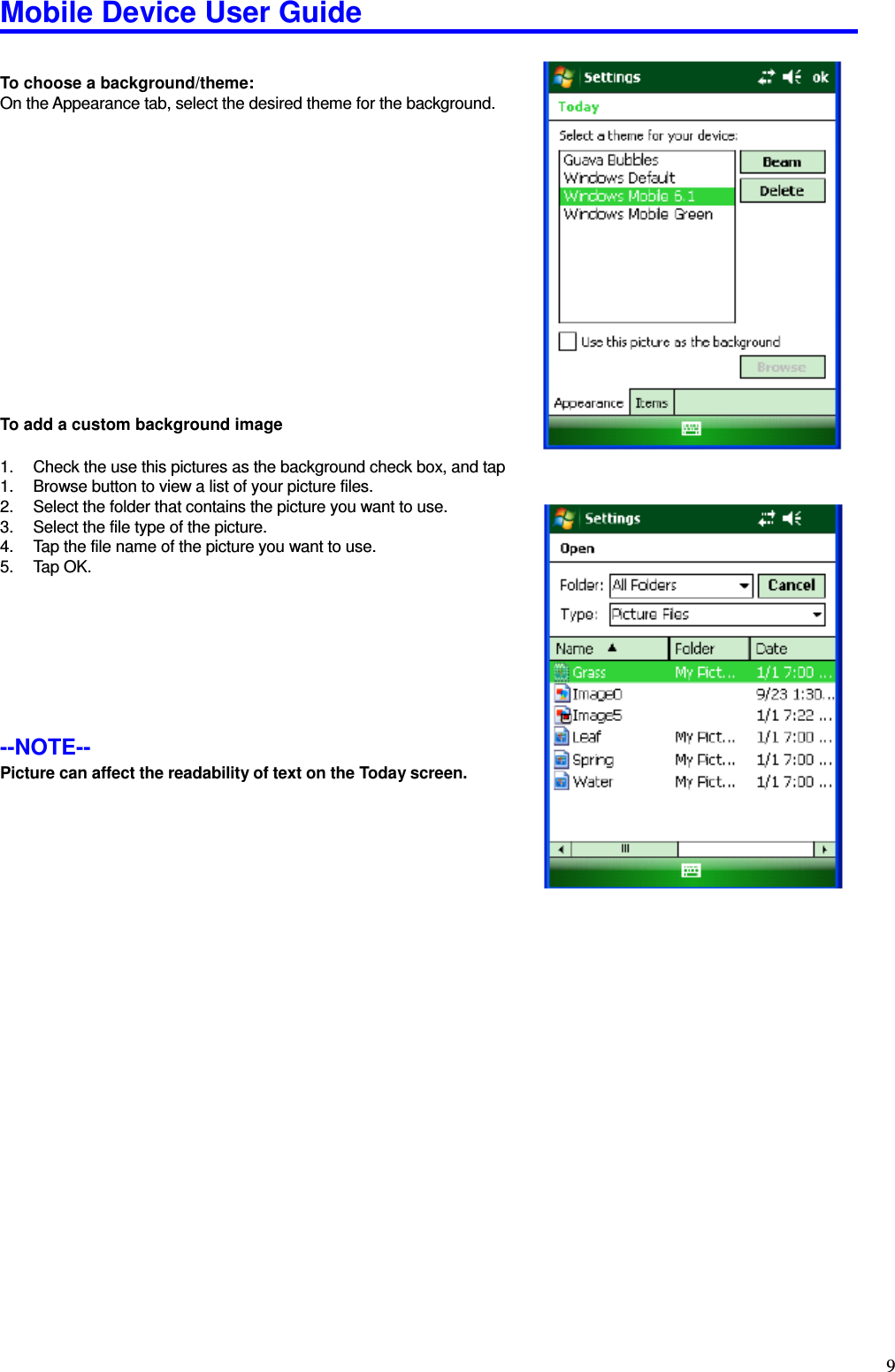 Mobile Device User Guide                                                                                                                                                                                                                                                                                                                                                                                                                                                                                                                                         9 To choose a background/theme:   On the Appearance tab, select the desired theme for the background.            To add a custom background image  1.  Check the use this pictures as the background check box, and tap 1.  Browse button to view a list of your picture files. 2.  Select the folder that contains the picture you want to use. 3.  Select the file type of the picture. 4.  Tap the file name of the picture you want to use. 5.  Tap OK.        --NOTE--   Picture can affect the readability of text on the Today screen.                 