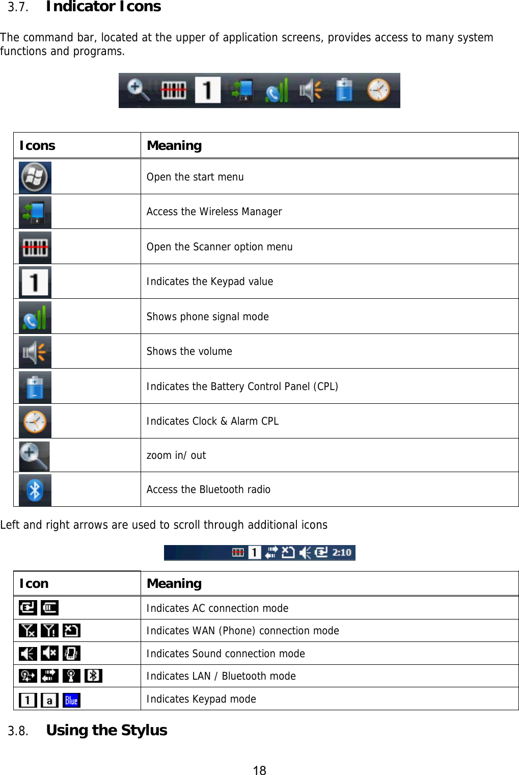 18  3.7. Indicator Icons  The command bar, located at the upper of application screens, provides access to many system functions and programs.         Icons Meaning  Open the start menu  Access the Wireless Manager   Open the Scanner option menu     Indicates the Keypad value   Shows phone signal mode   Shows the volume   Indicates the Battery Control Panel (CPL)   Indicates Clock &amp; Alarm CPL   zoom in/ out  Access the Bluetooth radio  Left and right arrows are used to scroll through additional icons    Icon Meaning   Indicates AC connection mode     Indicates WAN (Phone) connection mode     Indicates Sound connection mode       Indicates LAN / Bluetooth mode    Indicates Keypad mode  3.8. Using the Stylus  