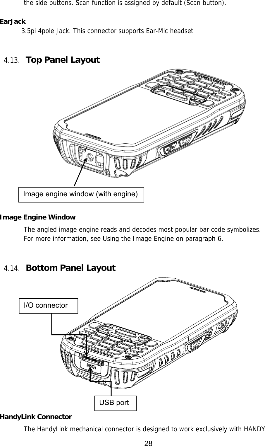 28  the side buttons. Scan function is assigned by default (Scan button).  EarJack 3.5pi 4pole Jack. This connector supports Ear-Mic headset   4.13. Top Panel Layout       Image Engine Window The angled image engine reads and decodes most popular bar code symbolizes.  For more information, see Using the Image Engine on paragraph 6.    4.14. Bottom Panel Layout      HandyLink Connector The HandyLink mechanical connector is designed to work exclusively with HANDY Image engine window (with engine) I/O connector USB port 