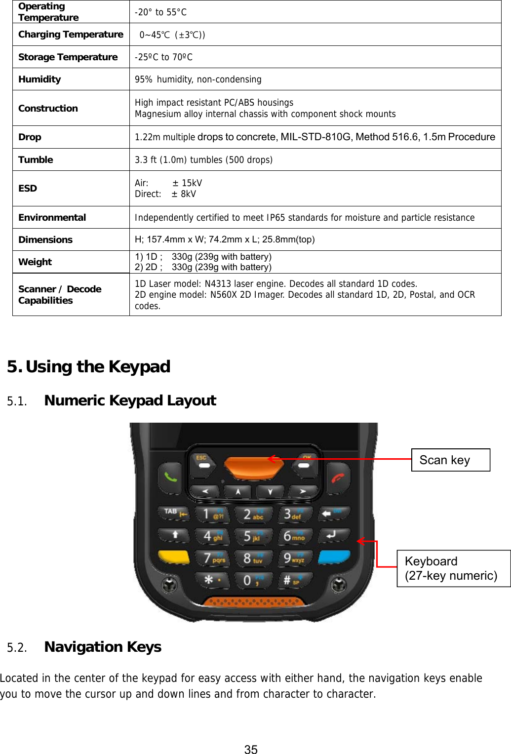 35  Operating Temperature -20° to 55°C Charging Temperature  0~45℃ (±3℃)) Storage Temperature  -25ºC to 70ºC Humidity 95% humidity, non-condensing Construction High impact resistant PC/ABS housings Magnesium alloy internal chassis with component shock mounts Drop 1.22m multiple drops to concrete, MIL-STD-810G, Method 516.6, 1.5m Procedure Tumble 3.3 ft (1.0m) tumbles (500 drops) ESD Air:     ± 15kV Direct:  ± 8kV Environmental Independently certified to meet IP65 standards for moisture and particle resistance Dimensions H; 157.4mm x W; 74.2mm x L; 25.8mm(top) Weight 1) 1D ;    330g (239g with battery)   2) 2D ;    330g (239g with battery) Scanner / Decode Capabilities 1D Laser model: N4313 laser engine. Decodes all standard 1D codes. 2D engine model: N560X 2D Imager. Decodes all standard 1D, 2D, Postal, and OCR codes.   5. Using the Keypad  5.1. Numeric Keypad Layout      5.2. Navigation Keys    Located in the center of the keypad for easy access with either hand, the navigation keys enable you to move the cursor up and down lines and from character to character.  Keyboard (27-key numeric) Scan key 