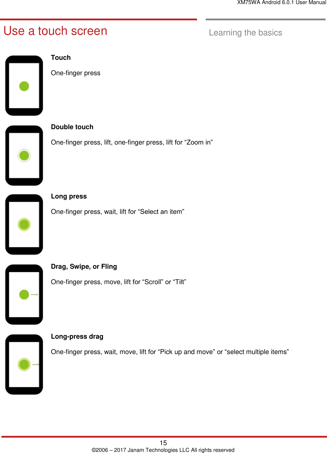 XM75WA Android 6.0.1 User Manual   15 © 2006 – 2017 Janam Technologies LLC All rights reserved  Learning the basics  Use a touch scr een Use a touch screen  Learning the basics   Touch   One-finger press  Double touch   One-finger press, lift, one-finger press, lift for “Zoom in”  Long press  One-finger press, wait, lift for “Select an item”  Drag, Swipe, or Fling  One-finger press, move, lift for “Scroll” or “Tilt”  Long-press drag  One-finger press, wait, move, lift for “Pick up and move” or “select multiple items”    