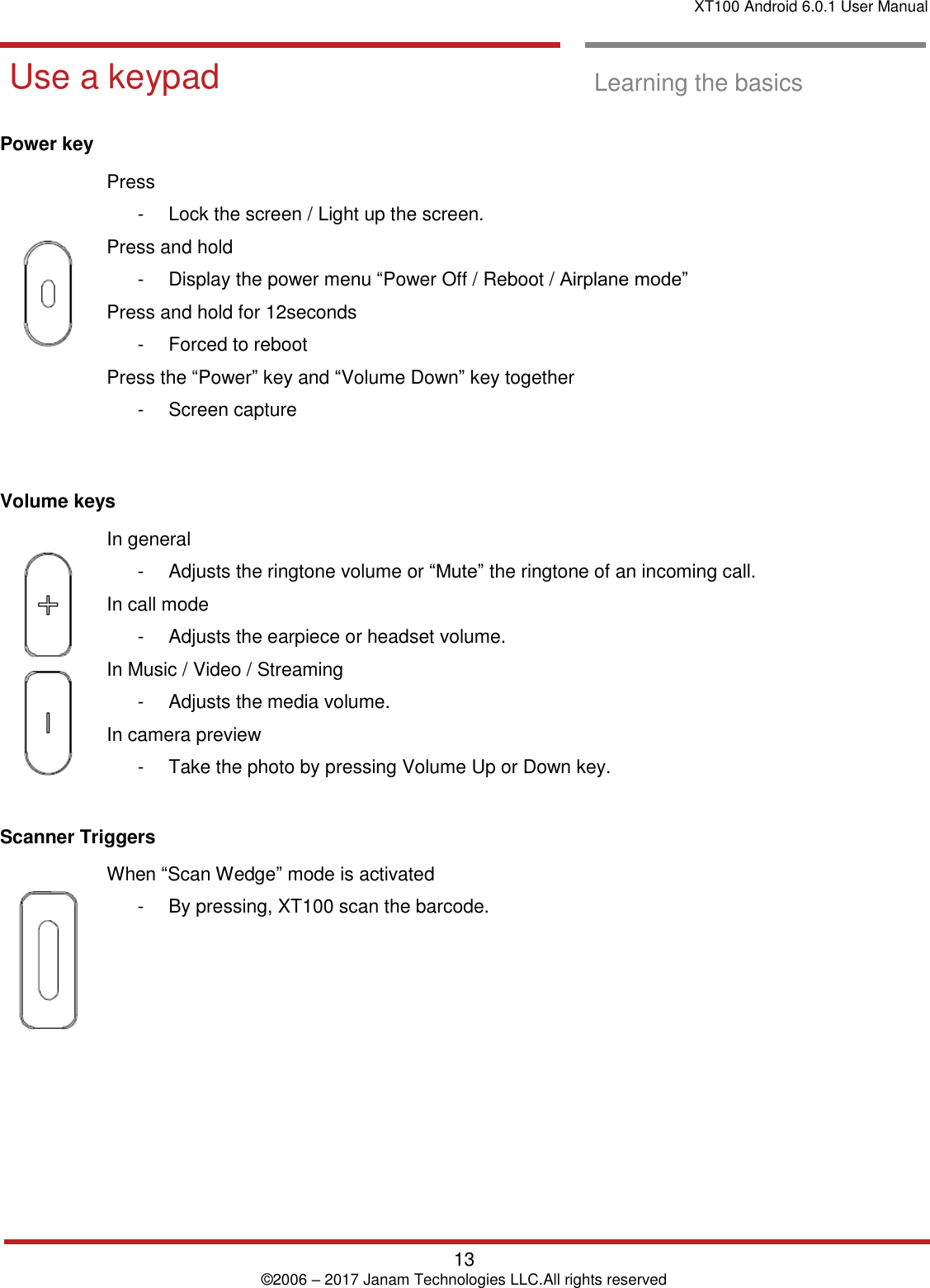 XT100 Android 6.0.1 User Manual   13 © 2006 – 2017 Janam Technologies LLC.All rights reserved  Learning the basics  Use a keypad  Use a keypad  Learning the basics  Power key     Press  -  Lock the screen / Light up the screen.  Press and hold  -  Display the power menu “Power Off / Reboot / Airplane mode” Press and hold for 12seconds  -  Forced to reboot  Press the “Power” key and “Volume Down” key together -  Screen capture    Volume keys   In general  -  Adjusts the ringtone volume or “Mute” the ringtone of an incoming call.  In call mode  -  Adjusts the earpiece or headset volume.  In Music / Video / Streaming -  Adjusts the media volume.  In camera preview -  Take the photo by pressing Volume Up or Down key.   Scanner Triggers    When “Scan Wedge” mode is activated  -  By pressing, XT100 scan the barcode.     