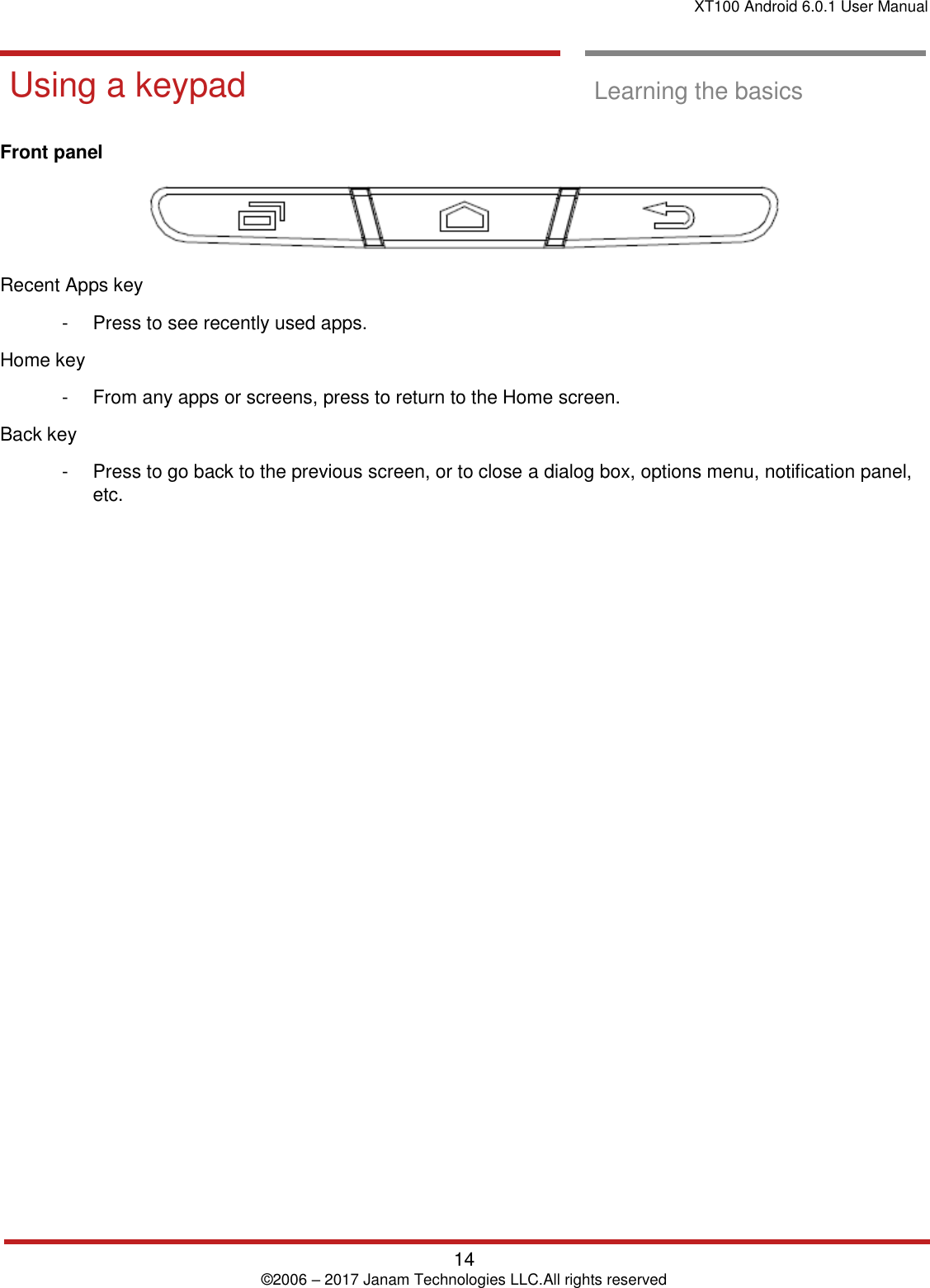 XT100 Android 6.0.1 User Manual   14 © 2006 – 2017 Janam Technologies LLC.All rights reserved  Learning the basics  Using a keypad  Learning the basics  Front panel   Recent Apps key -  Press to see recently used apps. Home key -  From any apps or screens, press to return to the Home screen. Back key -  Press to go back to the previous screen, or to close a dialog box, options menu, notification panel, etc.         