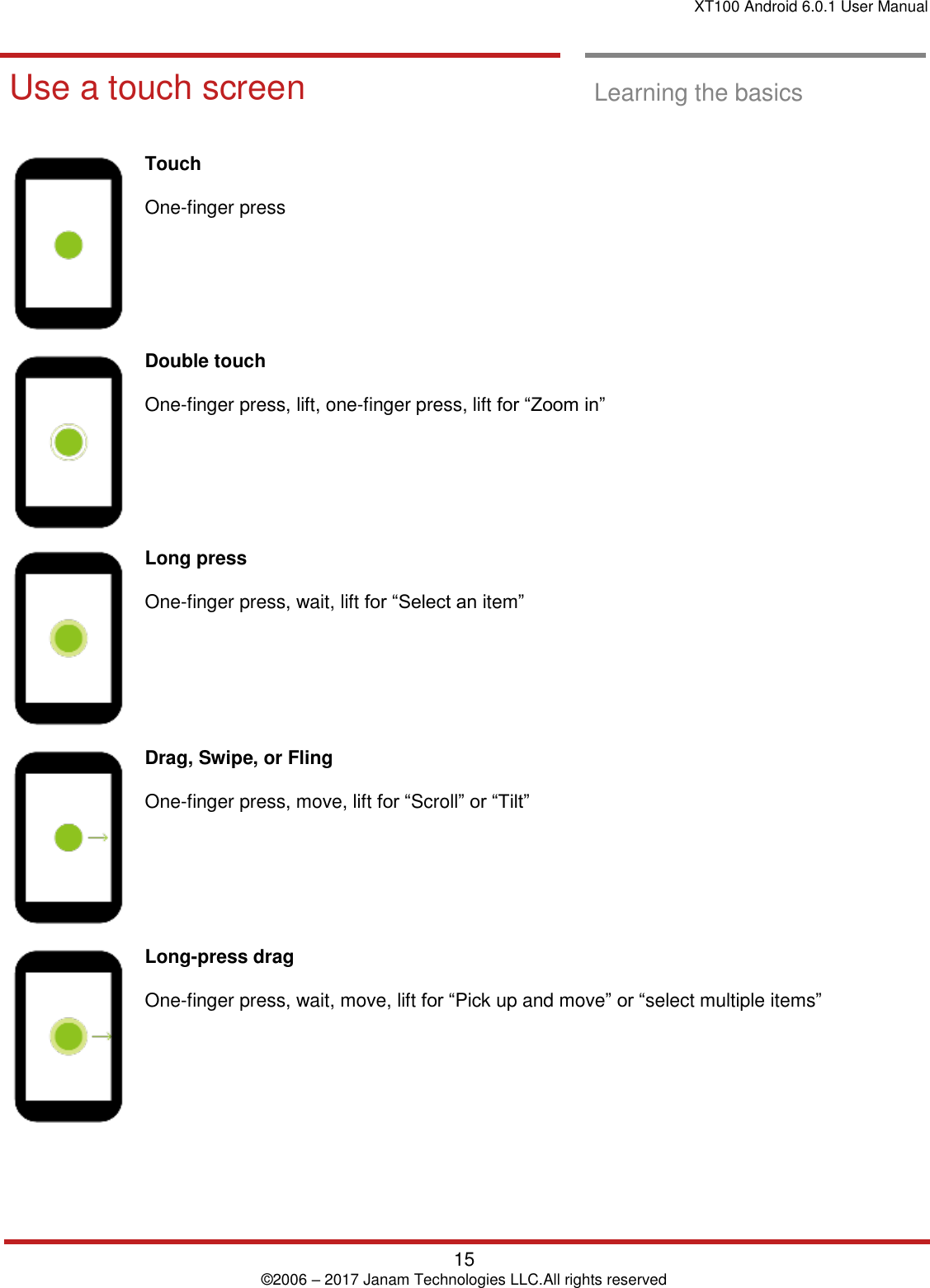 XT100 Android 6.0.1 User Manual   15 © 2006 – 2017 Janam Technologies LLC.All rights reserved  Learning the basics  Use a touch scr een Use a touch screen  Learning the basics   Touch   One-finger press  Double touch   One-finger press, lift, one-finger press, lift for “Zoom in”  Long press  One-finger press, wait, lift for “Select an item”  Drag, Swipe, or Fling  One-finger press, move, lift for “Scroll” or “Tilt”  Long-press drag  One-finger press, wait, move, lift for “Pick up and move” or “select multiple items”    