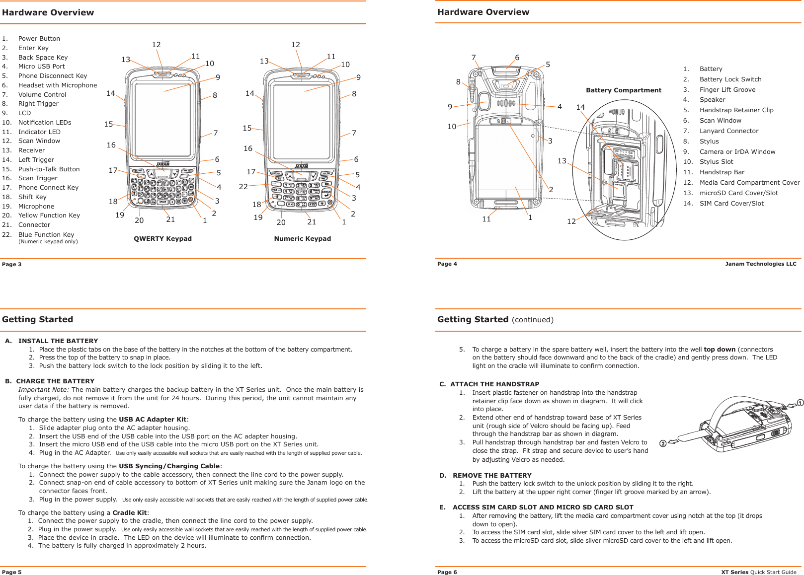 A.  INSTALL THE BATTERY1.  Place the plastic tabs on the base of the battery in the notches at the bottom of the battery compartment. 2.  Press the top of the battery to snap in place.3.  Push the battery lock switch to the lock position by sliding it to the left.B.  CHARGE THE BATTERYImportant Note: The main battery charges the backup battery in the XT Series unit.  Once the main battery is fully charged, do not remove it from the unit for 24 hours.  During this period, the unit cannot maintain any user data if the battery is removed. To charge the battery using the USB AC Adapter Kit:1.  Slide adapter plug onto the AC adapter housing.2.  Insert the USB end of the USB cable into the USB port on the AC adapter housing.3.  Insert the micro USB end of the USB cable into the micro USB port on the XT Series unit.4.  Plug in the AC Adapter.  Use only easily accessible wall sockets that are easily reached with the length of supplied power cable.To charge the battery using the USB Syncing/Charging Cable:1.  Connect the power supply to the cable accessory, then connect the line cord to the power supply.2.  Connect snap-on end of cable accessory to bottom of XT Series unit making sure the Janam logo on the connector faces front.3.  Plug in the power supply.  Use only easily accessible wall sockets that are easily reached with the length of supplied power cable.To charge the battery using a Cradle Kit:1.  Connect the power supply to the cradle, then connect the line cord to the power supply.2.  Plug in the power supply.  Use only easily accessible wall sockets that are easily reached with the length of supplied power cable.3. Placethedeviceincradle.TheLEDonthedevicewillilluminatetoconrmconnection.4.  The battery is fully charged in approximately 2 hours.Getting StartedPage 5Getting Started (continued)5.  To charge a battery in the spare battery well, insert the battery into the well top down (connectors on the battery should face downward and to the back of the cradle) and gently press down.  The LED lightonthecradlewillilluminatetoconrmconnection.C.  ATTACH THE HANDSTRAP1.  Insert plastic fastener on handstrap into the handstrap retainer clip face down as shown in diagram.  It will click into place.2.  Extend other end of handstrap toward base of XT Series unit (rough side of Velcro should be facing up). Feed through the handstrap bar as shown in diagram.  3.  Pull handstrap through handstrap bar and fasten Velcro to close the strap.  Fit strap and secure device to user’s hand by adjusting Velcro as needed.D.  REMOVE THE BATTERY1.  Push the battery lock switch to the unlock position by sliding it to the right.2. Liftthebatteryattheupperrightcorner(ngerliftgroovemarkedbyanarrow).E.  ACCESS SIM CARD SLOT AND MICRO SD CARD SLOT1.  After removing the battery, lift the media card compartment cover using notch at the top (it drops down to open).2.  To access the SIM card slot, slide silver SIM card cover to the left and lift open.3.  To access the microSD card slot, slide silver microSD card cover to the left and lift open.XT Series Quick Start GuidePage 6Hardware OverviewPage 361914131618 319 2171.  Power Button2.  Enter Key3.  Back Space Key4.  Micro USB Port5.  Phone Disconnect Key6.  Headset with Microphone7.  Volume Control8.  Right Trigger9. LCD10. NoticationLEDs11.  Indicator LED12.  Scan Window13. Receiver14.   Left Trigger15.  Push-to-Talk Button16.  Scan Trigger17.  Phone Connect Key18.  Shift Key19. Microphone20.  Yellow Function Key21. Connector22.  Blue Function Key  (Numeric keypad only)20Numeric KeypadQWERTY Keypad78512344567891121131416171819 20 212212 1215 15101110Hardware OverviewJanam Technologies LLCPage  4               8524679101Battery Compartment1. Battery2.  Battery Lock Switch3.  Finger Lift Groove4. Speaker5.  Handstrap Retainer Clip6.  Scan Window7.  Lanyard Connector8. Stylus9.  Camera or IrDA Window10.  Stylus Slot11.  Handstrap Bar12.  Media Card Compartment Cover13.  microSD Card Cover/Slot14.  SIM Card Cover/Slot111314123