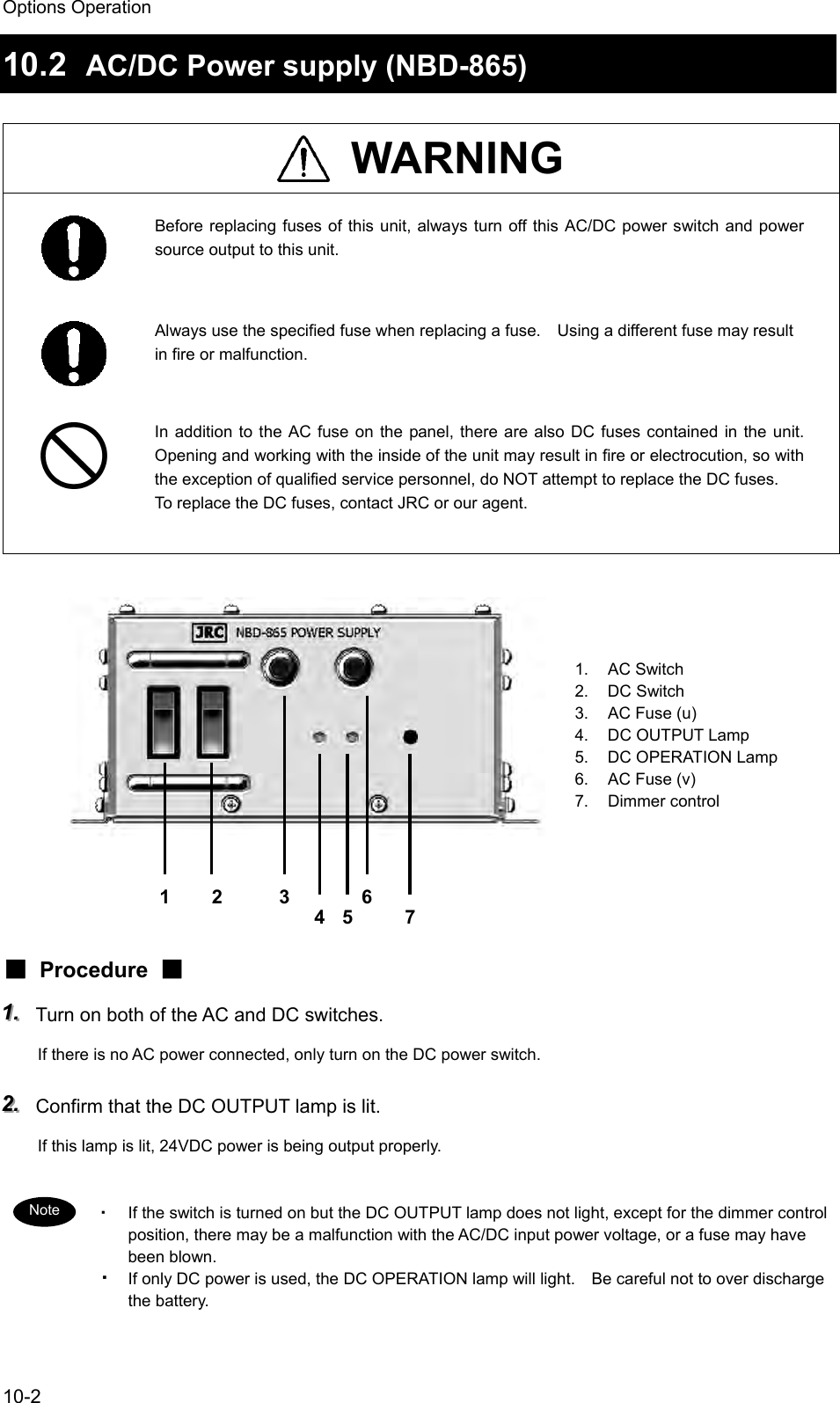Options Operation 10-2 10.2  AC/DC Power supply (NBD-865)   WARNING  Before replacing fuses of this unit, always turn off this AC/DC power switch and power source output to this unit.   Always use the specified fuse when replacing a fuse.    Using a different fuse may result in fire or malfunction.     In addition to the AC fuse on the panel, there are also DC fuses contained in the unit.   Opening and working with the inside of the unit may result in fire or electrocution, so with the exception of qualified service personnel, do NOT attempt to replace the DC fuses. To replace the DC fuses, contact JRC or our agent.              ■ Procedure ■ 111...   Turn on both of the AC and DC switches. If there is no AC power connected, only turn on the DC power switch. 222...   Confirm that the DC OUTPUT lamp is lit. If this lamp is lit, 24VDC power is being output properly.  ・ If the switch is turned on but the DC OUTPUT lamp does not light, except for the dimmer control position, there may be a malfunction with the AC/DC input power voltage, or a fuse may have been blown. ・ If only DC power is used, the DC OPERATION lamp will light.    Be careful not to over discharge the battery.  1 21. AC Switch 2. DC Switch 3.  AC Fuse (u) 4.  DC OUTPUT Lamp 5.  DC OPERATION Lamp 6.  AC Fuse (v) 7. Dimmer control 4 53 6Note 7