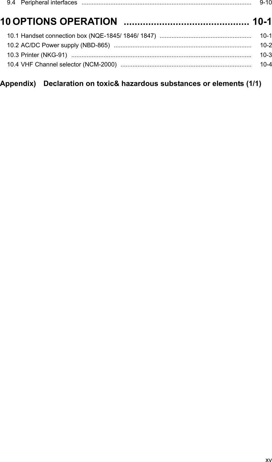  xv9.4 Peripheral interfaces ....................................................................................................  9-10 10 OPTIONS OPERATION  ..............................................  10-1 10.1 Handset connection box (NQE-1845/ 1846/ 1847)  ......................................................  10-1 10.2 AC/DC Power supply (NBD-865) .................................................................................  10-2 10.3 Printer (NKG-91) .......................................................................................................... 10-3 10.4 VHF Channel selector (NCM-2000) .............................................................................  10-4 Appendix)    Declaration on toxic&amp; hazardous substances or elements (1/1) 