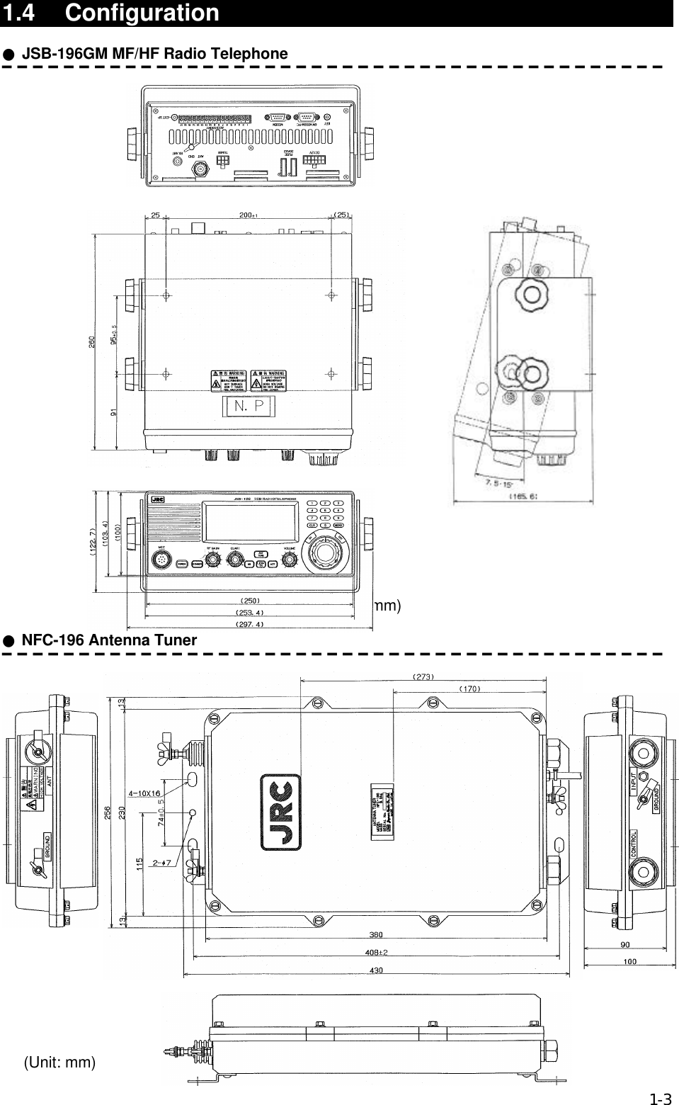 1-31.4 Configuration● JSB-196GM MF/HF Radio Telephone━━━━━━━━━━━━━━━━━━━━━━━━━━━━━━━━━━━━━━━━━━━                                                                            (Unit: mm)● NFC-196 Antenna Tuner━━━━━━━━━━━━━━━━━━━━━━━━━━━━━━━━━━━━━━━━━━━     (Unit: mm)