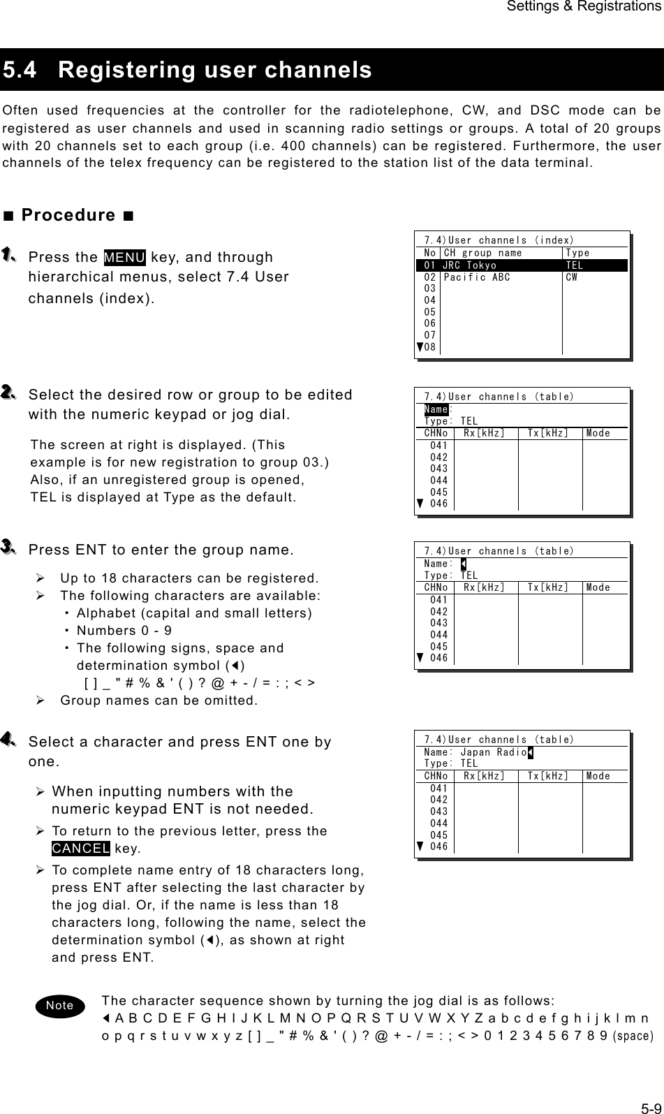 Settings &amp; Registrations 5-9  5.4  Registering user channels   Often used frequencies at the controller for the radiotelephone, CW, and DSC mode can be registered as user channels and used in scanning radio settings or groups. A total of 20 groups with 20 channels set to each group (i.e. 400 channels) can be registered. Furthermore, the user channels of the telex frequency can be registered to the station list of the data terminal. ■ Procedure ■ 111...   Press the MENU key, and through hierarchical menus, select 7.4 User channels (index).      222...   Select the desired row or group to be edited with the numeric keypad or jog dial.   The screen at right is displayed. (This example is for new registration to group 03.) Also, if an unregistered group is opened, TEL is displayed at Type as the default.  333...   Press ENT to enter the group name.   ¾  Up to 18 characters can be registered.   ¾  The following characters are available:   Alphabet (capital and small letters)   Numbers 0 - 9   The following signs, space and determination symbol (◄)   [ ] _ &quot; # % &amp; &apos; ( ) ? @ + - / = : ; &lt; &gt; ¾  Group names can be omitted.    444...   Select a character and press ENT one by one.  ¾ When inputting numbers with the numeric keypad ENT is not needed.  ¾ To return to the previous letter, press the   CANCEL key. ¾ To complete name entry of 18 characters long, press ENT after selecting the last character by the jog dial. Or, if the name is less than 18 characters long, following the name, select the determination symbol (◄), as shown at right and press ENT.    The character sequence shown by turning the jog dial is as follows: ◄ A B C D E F G H I J K L M N O P Q R S T U V W X Y Z a b c d e f g h i j k l m n o p q r s t u v w x y z [ ] _ &quot; # % &amp; &apos; ( ) ? @ + - / = : ; &lt; &gt; 0 1 2 3 4 5 6 7 8 9 (space) Note 7.4)User channels (index) No CH group name  Type 01 JRC Tokyo           TEL       02030405060708Pacific ABC  CW 7.4)User channels (table) Name: Type: TEL CHNo  Rx[kHz]   Tx[kHz]  Mode  041 042 043 044 045 046   7.4)User channels (table) Name: ◄ Type: TEL CHNo  Rx[kHz]   Tx[kHz]  Mode  041 042 043 044 045 046   7.4)User channels (table) Name: Japan Radio◄ Type: TEL CHNo  Rx[kHz]   Tx[kHz]  Mode  041 042 043 044 045 046   