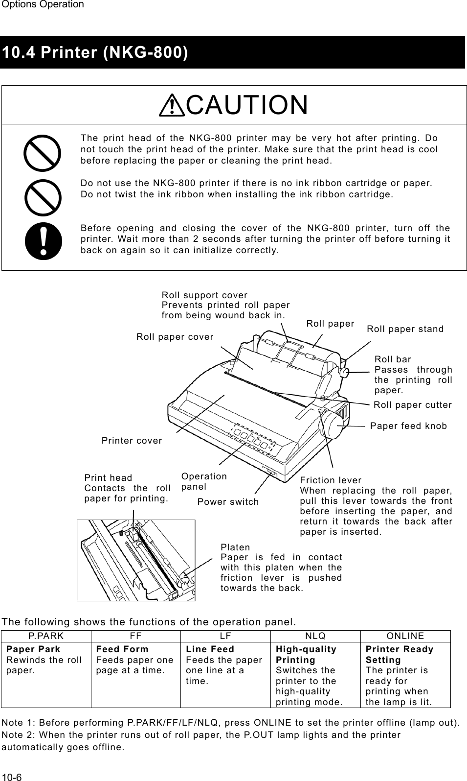 Options Operation 10-6  10.4 Printer (NKG-800)    CAUTION The print head of the NKG-800 printer may be very hot after printing. Do not touch the print head of the printer. Make sure that the print head is cool before replacing the paper or cleaning the print head.    Do not use the NKG-800 printer if there is no ink ribbon cartridge or paper.   Do not twist the ink ribbon when installing the ink ribbon cartridge.     Before opening and closing the cover of the NKG-800 printer, turn off the printer. Wait more than 2 seconds after turning the printer off before turning it back on again so it can initialize correctly.                         The following shows the functions of the operation panel.   P.PARK FF  LF  NLQ ONLINE Paper Park Rewinds the roll paper.  Feed Form Feeds paper one page at a time.   Line Feed Feeds the paper one line at a time.  High-quality Printing Switches the printer to the high-quality printing mode.   Printer Ready Setting The printer is ready for printing when the lamp is lit.   Note 1: Before performing P.PARK/FF/LF/NLQ, press ONLINE to set the printer offline (lamp out).   Note 2: When the printer runs out of roll paper, the P.OUT lamp lights and the printer automatically goes offline.   PlatenPaper is fed in contact with this platen when the friction lever is pushedtowards the back. Power switchOperation panelRoll paper coverRoll support coverPrevents printed roll paper from being wound back in.  Roll paper Roll paper stand Roll bar Passes through the printing roll paper.  Roll paper cutterPaper feed knobFriction leverWhen replacing the roll paper, pull this lever towards the frontbefore inserting the paper, and return it towards the back after paper is inserted.   Printer cover Print head Contacts the roll paper for printing. 