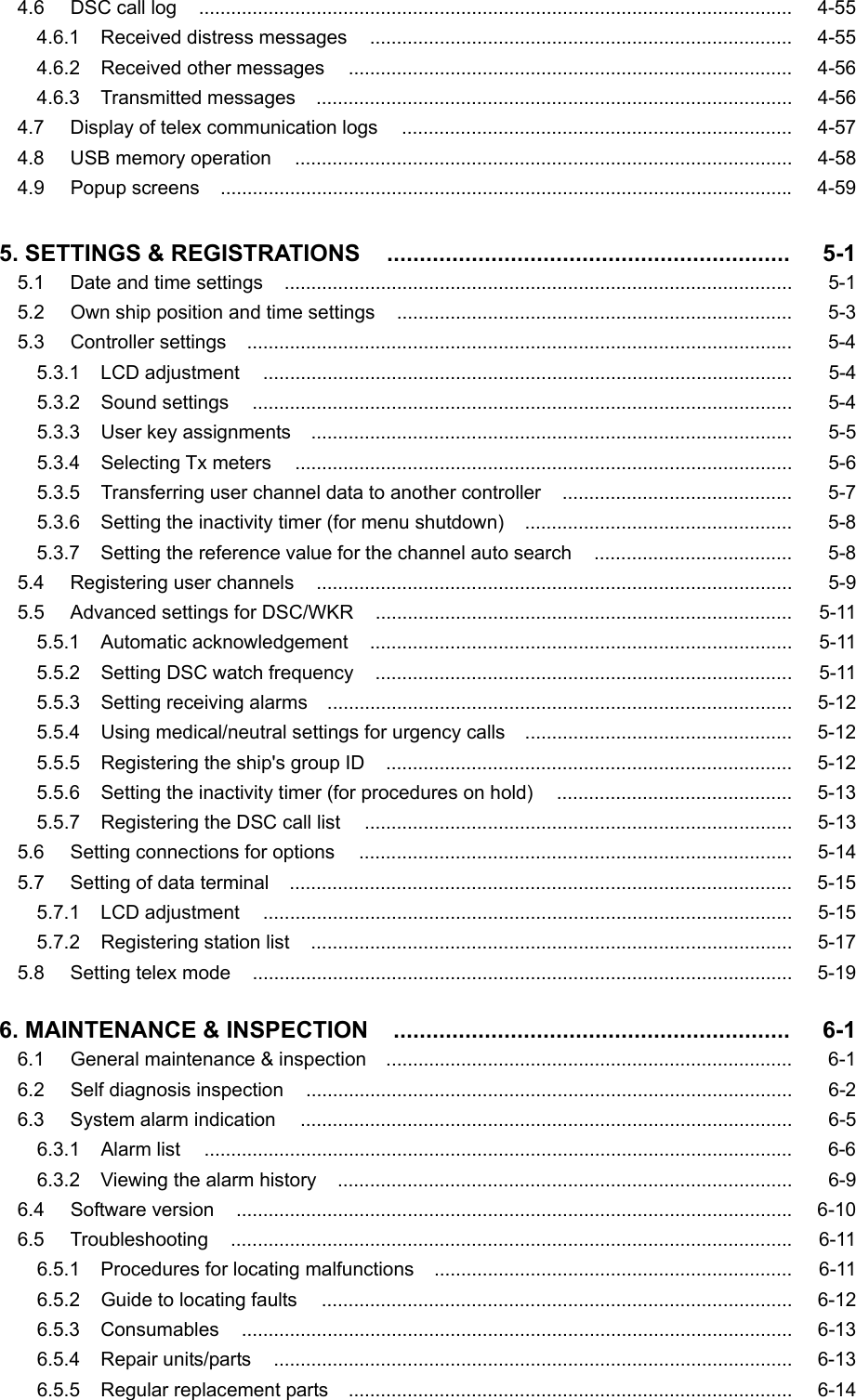  4.6   DSC call log     ............................................................................................................... 4-55 4.6.1 Received distress messages   ...............................................................................  4-55 4.6.2 Received other messages   ...................................................................................  4-56 4.6.3  Transmitted messages   .........................................................................................  4-56 4.7    Display of telex communication logs   .........................................................................  4-57 4.8   USB memory operation   .............................................................................................  4-58 4.9   Popup screens    ........................................................................................................... 4-59  5. SETTINGS &amp; REGISTRATIONS   ..............................................................   5-1 5.1    Date and time settings   ...............................................................................................  5-1 5.2    Own ship position and time settings   ..........................................................................  5-3 5.3   Controller settings   ...................................................................................................... 5-4 5.3.1  LCD adjustment   ...................................................................................................  5-4 5.3.2  Sound settings   .....................................................................................................  5-4 5.3.3  User key assignments   ..........................................................................................  5-5 5.3.4  Selecting Tx meters   .............................................................................................  5-6 5.3.5    Transferring user channel data to another controller   ...........................................  5-7 5.3.6  Setting the inactivity timer (for menu shutdown)   ..................................................  5-8 5.3.7  Setting the reference value for the channel auto search     .....................................  5-8 5.4   Registering user channels     .........................................................................................  5-9 5.5    Advanced settings for DSC/WKR     ..............................................................................  5-11 5.5.1  Automatic acknowledgement   ...............................................................................  5-11 5.5.2  Setting DSC watch frequency   ..............................................................................  5-11 5.5.3    Setting receiving alarms     ....................................................................................... 5-12 5.5.4    Using medical/neutral settings for urgency calls     .................................................. 5-12 5.5.5    Registering the ship&apos;s group ID     ............................................................................  5-12 5.5.6  Setting the inactivity timer (for procedures on hold)     ............................................  5-13 5.5.7  Registering the DSC call list     ................................................................................  5-13 5.6   Setting connections for options     .................................................................................  5-14 5.7    Setting of data terminal     ..............................................................................................  5-15 5.7.1  LCD adjustment   ...................................................................................................  5-15 5.7.2  Registering station list   ..........................................................................................  5-17 5.8   Setting telex mode    ..................................................................................................... 5-19  6. MAINTENANCE &amp; INSPECTION   .............................................................   6-1 6.1    General maintenance &amp; inspection     ............................................................................ 6-1 6.2   Self diagnosis inspection    ...........................................................................................  6-2 6.3    System alarm indication   ............................................................................................  6-5 6.3.1  Alarm list   .............................................................................................................. 6-6 6.3.2    Viewing the alarm history     .....................................................................................  6-9 6.4   Software version   ........................................................................................................ 6-10 6.5   Troubleshooting   ......................................................................................................... 6-11 6.5.1    Procedures for locating malfunctions    ...................................................................  6-11 6.5.2    Guide to locating faults   ........................................................................................  6-12 6.5.3  Consumables   .......................................................................................................  6-13 6.5.4  Repair units/parts   .................................................................................................  6-13 6.5.5  Regular replacement parts     ...................................................................................  6-14 