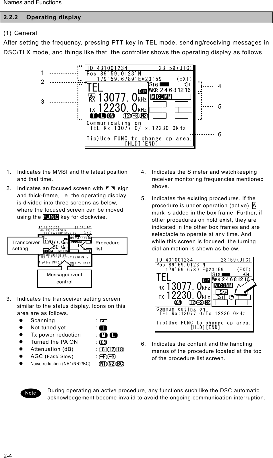 Names and Functions  2-42.2.2 Operating display (1) General After setting the frequency, pressing PTT key in TEL mode, sending/receiving messages in DSC/TLX mode, and things like that, the controller shows the operating display as follows.            1. Indicates the MMSI and the latest position and that time. 2.  Indicates an focused screen with     sign and thick-frame, i.e. the operating display is divided into three screens as below, where the focused screen can be moved using the FUNC key for clockwise.         3.  Indicates the transceiver setting screen similar to the status display. Icons on this area are as follows. z Scanning  :  z Not tuned yet  :  z  Tx power reduction  :  z  Turned the PA ON  :  z Attenuation (dB)  :  z AGC (Fast/ Slow) :  z Noise reduction (NR1/NR2/BC) :  4.  Indicates the S meter and watchkeeping receiver monitoring frequencies mentioned above. 5.  Indicates the existing procedures. If the procedure is under operation (active), A mark is added in the box frame. Further, if other procedures on hold exist, they are indicated in the other box frames and are selectable to operate at any time. And while this screen is focused, the turning dial animation is shown as below.             6. Indicates the content and the handling menus of the procedure located at the top of the procedure list screen.  During operating an active procedure, any functions such like the DSC automatic acknowledgement become invalid to avoid the ongoing communication interruption. ID 431001234         23:59(UTC)Pos 89ﾟ59.0123&apos;N   179ﾟ59.6789&apos;E@23:59    (EXT)Communicating on TEL Rx:13077.0/Tx:12230.0kHzTip)Use FUNC to change op area.           [HLD][END]AATEL  13077.0  12230.0DUPID 431001234         23:59(UTC)Pos 89ﾟ59.0123&apos;N   179ﾟ59.6789&apos;E@23:59    (EXT)Communicating on TEL Rx:13077.0/Tx:12230.0kHzTip)Use FUNC to change op area.           [HLD][END]AATEL  13077.0  12230.0DUP3 1 2 56Transceiver setting Procedure list Message/event control Note 4