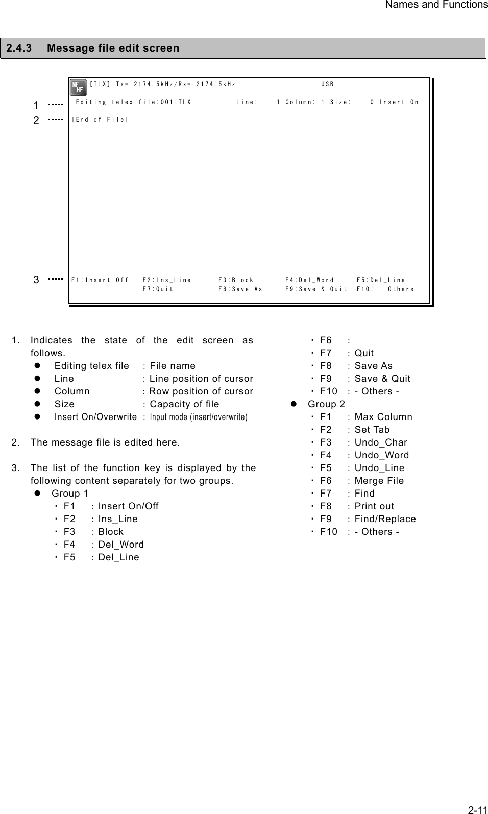 Names and Functions  2-11 2.4.3  Message file edit screen                 1.  Indicates the state of the edit screen as follows. z  Editing telex file  ：File name z Line    ：Line position of cursorz Column    ：Row position of cursorz Size  ：Capacity of file z Insert On/Overwrite ：Input mode (insert/overwrite)  2.  The message file is edited here.  3.  The list of the function key is displayed by the following content separately for two groups. z Group 1 ・ F1  ：Insert On/Off ・ F2  ：Ins_Line ・ F3  ：Block ・ F4  ：Del_Word ・ F5  ：Del_Line  ・ F6  ： ・ F7  ：Quit ・ F8  ：Save As ・ F9  ：Save &amp; Quit ・ F10  ：- Others - z Group 2 ・ F1  ：Max Column ・ F2  ：Set Tab ・ F3  ：Undo_Char ・ F4  ：Undo_Word ・ F5  ：Undo_Line ・ F6  ：Merge File ・ F7  ：Find ・ F8  ：Print out ・ F9  ：Find/Replace ・ F10  ：- Others -    1 2 3     [TLX] Tx= 2174.5kHz/Rx= 2174.5kHz                   USB Editing telex file:001.TLX          Line:    1 Column: 1 Size:    0 Insert On[End of File]F1:Insert Off   F2:Ins_Line      F3:Block       F4:Del_Word     F5:Del_Line                F7:Quit          F8:Save As     F9:Save &amp; Quit  F10: - Others -MFHF