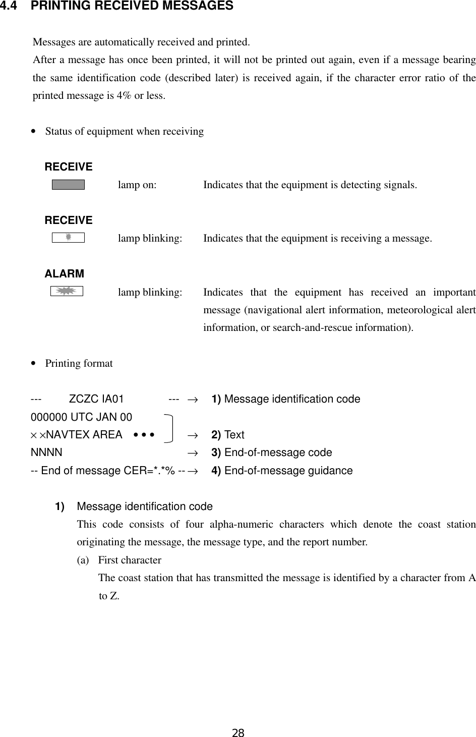 284.4 PRINTING RECEIVED MESSAGESMessages are automatically received and printed.After a message has once been printed, it will not be printed out again, even if a message bearingthe same identification code (described later) is received again, if the character error ratio of theprinted message is 4% or less.•Status of equipment when receivingRECEIVE         lamp on:  Indicates that the equipment is detecting signals.RECEIVE         lamp blinking: Indicates that the equipment is receiving a message.ALARM         lamp blinking: Indicates that the equipment has received an importantmessage (navigational alert information, meteorological alertinformation, or search-and-rescue information).•Printing format---     ZCZC IA01        --- →1) Message identification code000000 UTC JAN 00× ×NAVTEX AREA  • • •→2) TextNNNN →3) End-of-message code-- End of message CER=*.*% -- →4) End-of-message guidance1) Message identification codeThis code consists of four alpha-numeric characters which denote the coast stationoriginating the message, the message type, and the report number.(a) First characterThe coast station that has transmitted the message is identified by a character from Ato Z.