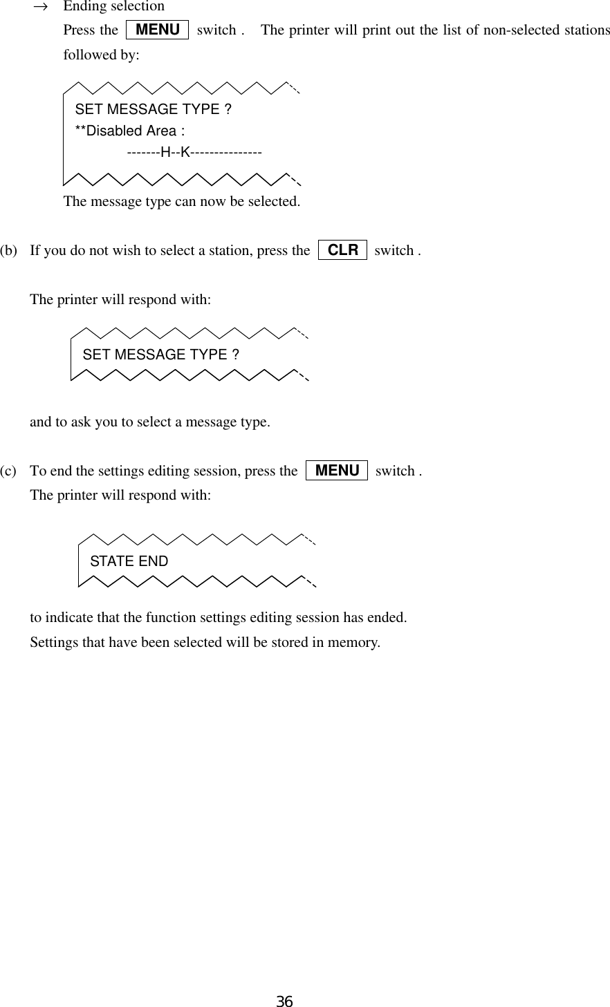36→Ending selectionPress the  MENU  switch .  The printer will print out the list of non-selected stationsfollowed by:The message type can now be selected.(b)  If you do not wish to select a station, press the   CLR  switch .The printer will respond with:and to ask you to select a message type.(c)  To end the settings editing session, press the   MENU  switch .The printer will respond with:to indicate that the function settings editing session has ended.Settings that have been selected will be stored in memory.SET MESSAGE TYPE ?**Disabled Area :-------H--K---------------SET MESSAGE TYPE ?STATE END