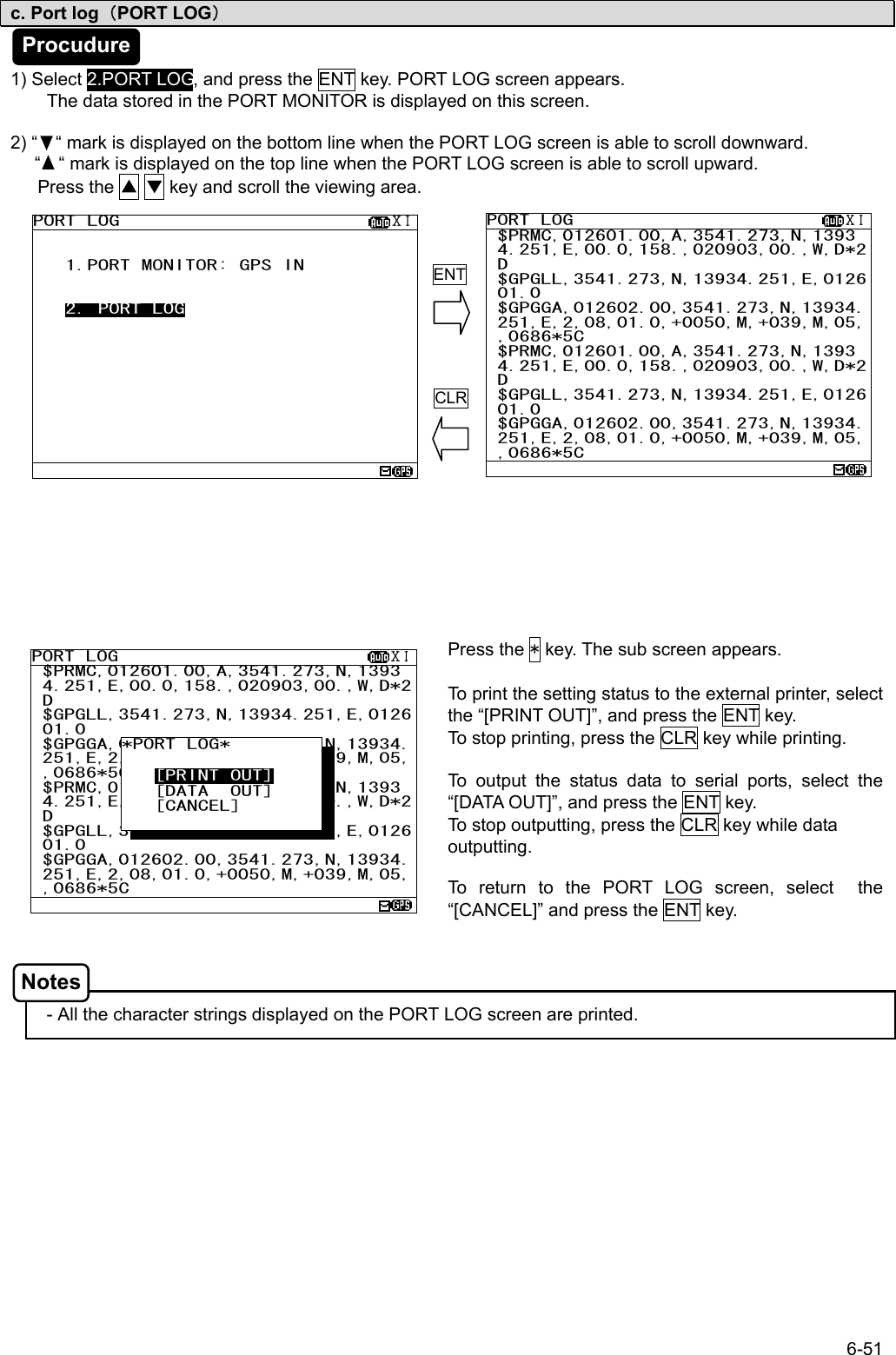 6-51 PORT LOG                         ⅩⅠ $PRMC,012601.00,A,3541.273,N,1393 4.251,E,00.0,158.,020903,00.,W,D*2 D $GPGLL,3541.273,N,13934.251,E,0126 01.0  $GPGGA,012602.00,3541.273,N,13934. 251,E,2,08,01.0,+0050,M,+039,M,05, ,0686*5C $PRMC,012601.00,A,3541.273,N,1393 4.251,E,00.0,158.,020903,00.,W,D*2 D $GPGLL,3541.273,N,13934.251,E,0126 01.0  $GPGGA,012602.00,3541.273,N,13934. 251,E,2,08,01.0,+0050,M,+039,M,05, ,0686*5C  PORT LOG                         ⅩⅠ  1.PORT MONITOR: GPS IN      2. PORT LOG             c. Port log（PORT LOG）   1) Select 2.PORT LOG, and press the ENT key. PORT LOG screen appears. The data stored in the PORT MONITOR is displayed on this screen.  2) “    “ mark is displayed on the bottom line when the PORT LOG screen is able to scroll downward. -    “    “ mark is displayed on the top line when the PORT LOG screen is able to scroll upward.    Press the ▲ ▼ key and scroll the viewing area.                      Press the * key. The sub screen appears.  To print the setting status to the external printer, select the “[PRINT OUT]”, and press the ENT key. To stop printing, press the CLR key while printing.  To output the status data to serial ports, select the “[DATA OUT]”, and press the ENT key. To stop outputting, press the CLR key while data outputting.  To return to the PORT LOG screen, select  the “[CANCEL]” and press the ENT key.     - All the character strings displayed on the PORT LOG screen are printed.       ENTCLRPORT LOG                         ⅩⅠ $PRMC,012601.00,A,3541.273,N,1393 4.251,E,00.0,158.,020903,00.,W,D*2 D $GPGLL,3541.273,N,13934.251,E,0126 01.0  $GPGGA,012602.00,3541.273,N,13934. 251,E,2,08,01.0,+0050,M,+039,M,05, ,0686*5C $PRMC,012601.00,A,3541.273,N,1393 4.251,E,00.0,158.,020903,00.,W,D*2 D $GPGLL,3541.273,N,13934.251,E,0126 01.0  $GPGGA,012602.00,3541.273,N,13934. 251,E,2,08,01.0,+0050,M,+039,M,05, ,0686*5C  *PORT LOG*        [PRINT OUT]    [DATA  OUT]    [CANCEL]  Procudure Notes 