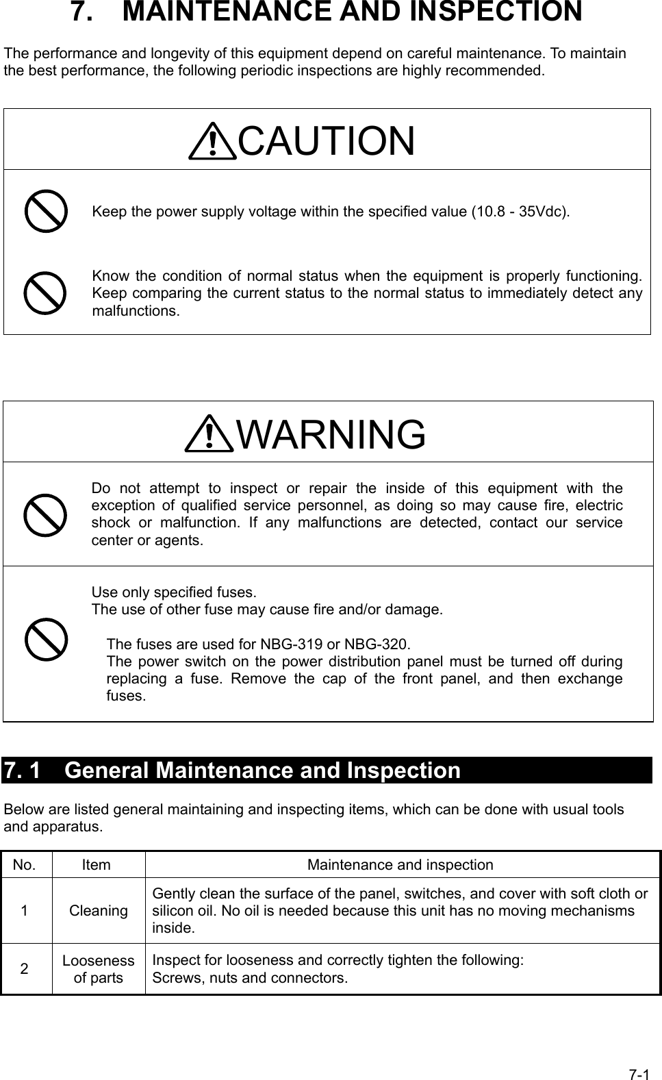 7-1 7.  MAINTENANCE AND INSPECTION  The performance and longevity of this equipment depend on careful maintenance. To maintain the best performance, the following periodic inspections are highly recommended.   CAUTION  Keep the power supply voltage within the specified value (10.8 - 35Vdc).  Know the condition of normal status when the equipment is properly functioning. Keep comparing the current status to the normal status to immediately detect any malfunctions.      Do not attempt to inspect or repair the inside of this equipment with the exception of qualified service personnel, as doing so may cause fire, electric shock or malfunction. If any malfunctions are detected, contact our service center or agents.    Use only specified fuses. The use of other fuse may cause fire and/or damage.  The fuses are used for NBG-319 or NBG-320. The power switch on the power distribution panel must be turned off during replacing a fuse. Remove the cap of the front panel, and then exchange fuses.    7. 1  General Maintenance and Inspection  Below are listed general maintaining and inspecting items, which can be done with usual tools and apparatus.  No.  Item  Maintenance and inspection 1 Cleaning Gently clean the surface of the panel, switches, and cover with soft cloth or silicon oil. No oil is needed because this unit has no moving mechanisms inside. 2  Looseness of parts Inspect for looseness and correctly tighten the following: Screws, nuts and connectors.  WARNING