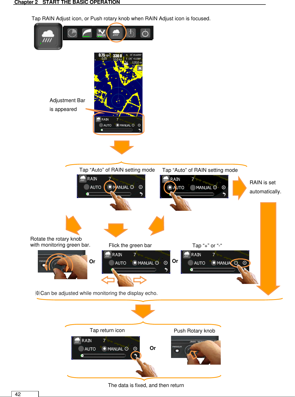   Chapter 2    START THE BASIC OPERATION 42                                           RAIN is set automatically. Tap “Auto” of RAIN setting mode Tap “Auto” of RAIN setting mode Rotate the rotary knob   with monitoring green bar.  Flick the green bar  Tap “+” or “-“ Adjustment Bar is appeared  ※Can be adjusted while monitoring the display echo. Tap return icon  Push Rotary knob The data is fixed, and then return Tap RAIN Adjust icon, or Push rotary knob when RAIN Adjust icon is focused. Or Or  Or 