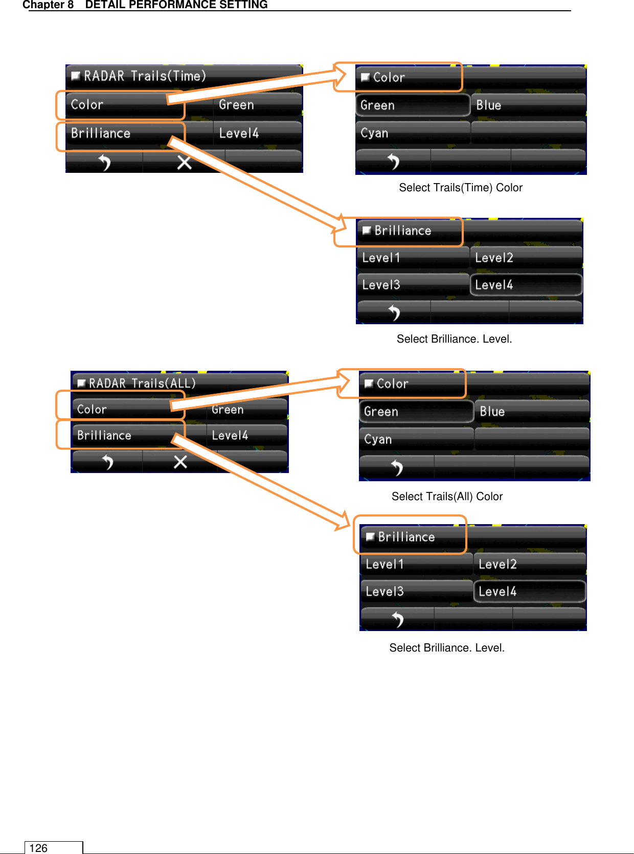   Chapter 8   DETAIL PERFORMANCE SETTING 126                                   Select Brilliance. Level. Select Trails(Time) Color   Select Brilliance. Level. Select Trails(All) Color   