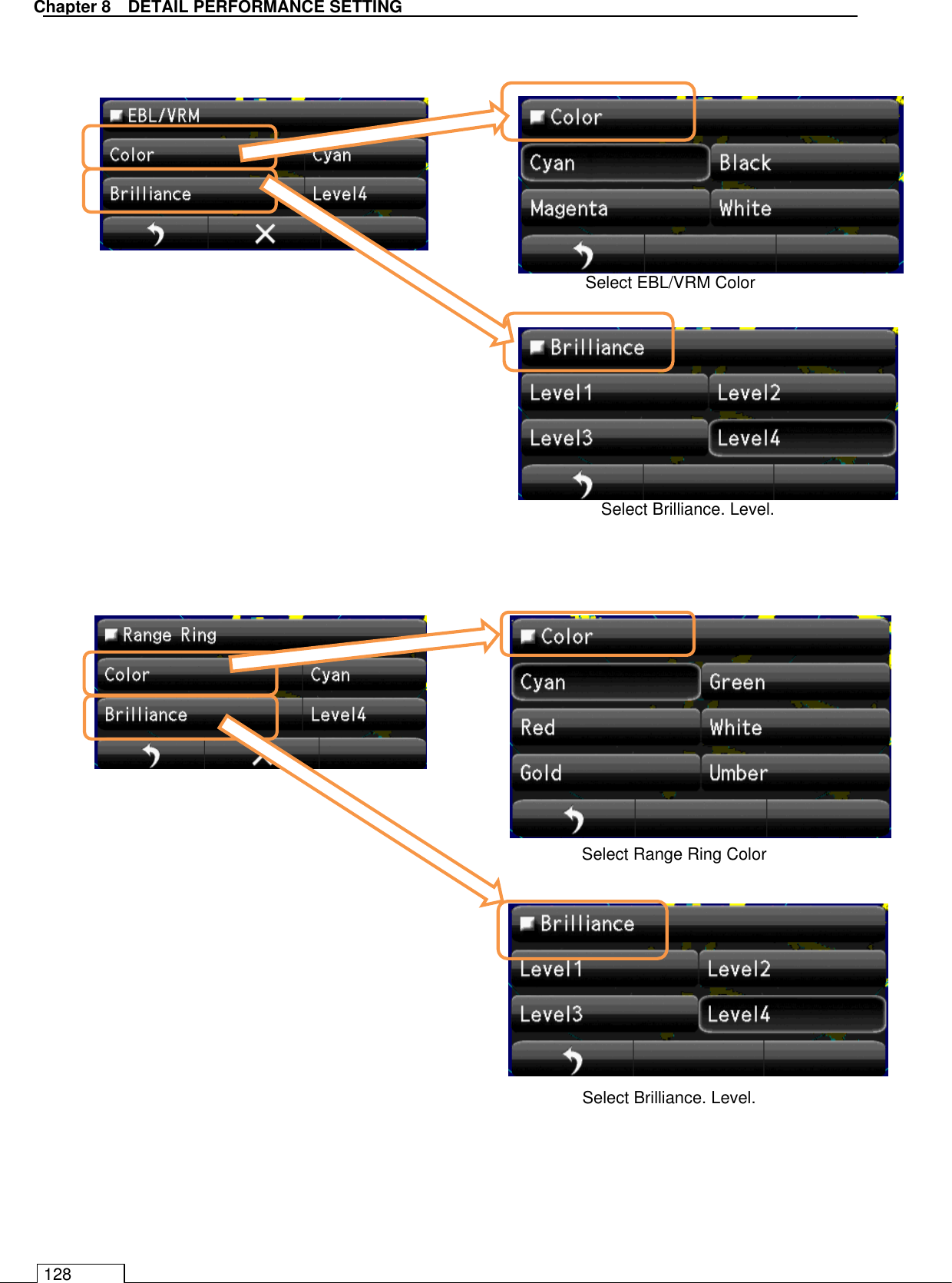   Chapter 8   DETAIL PERFORMANCE SETTING 128                                      Select Brilliance. Level. Select EBL/VRM Color   Select Brilliance. Level. Select Range Ring Color   