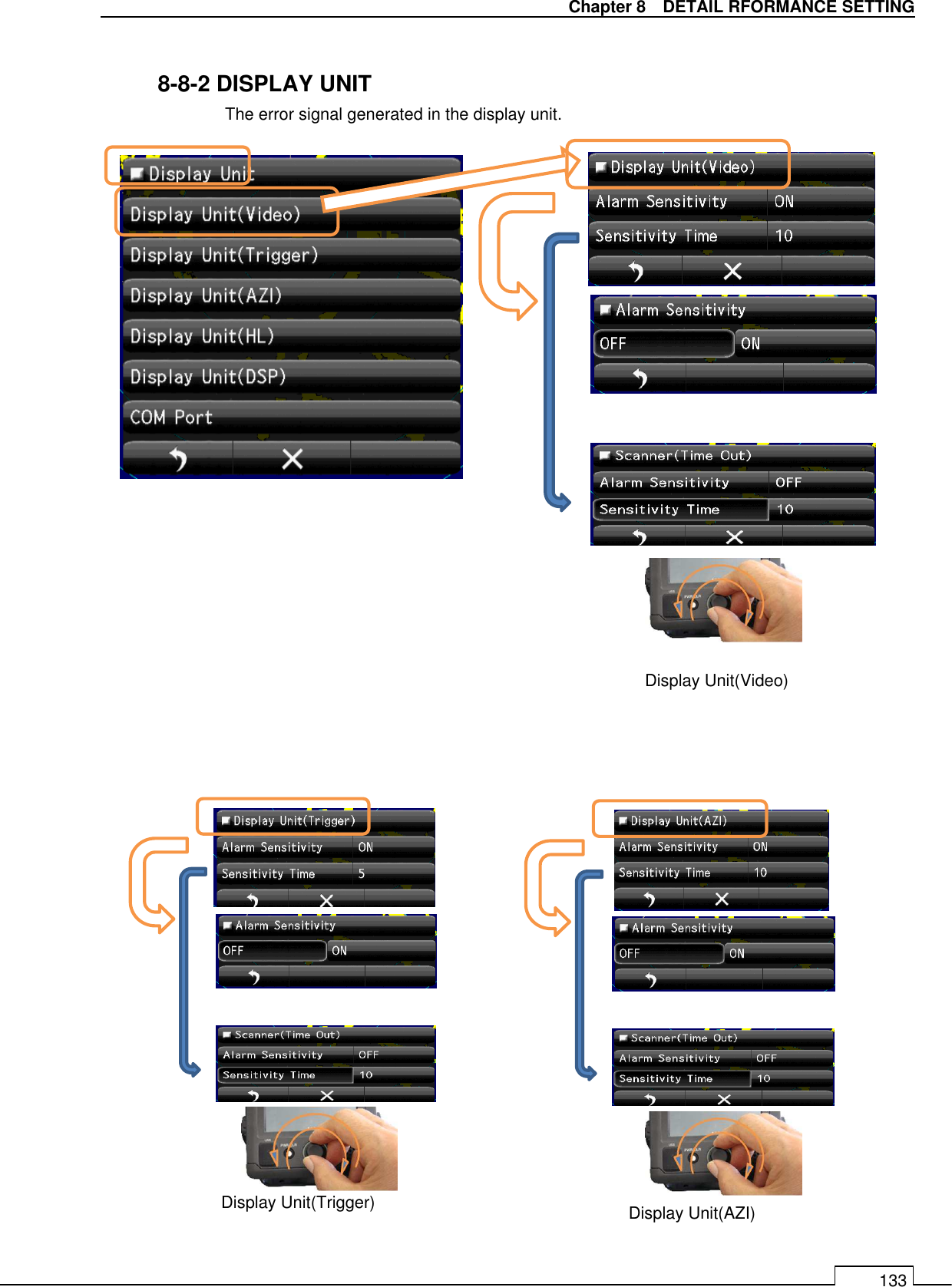   Chapter 8    DETAIL RFORMANCE SETTING 133  8-8-2 DISPLAY UNIT     The error signal generated in the display unit.                                       Display Unit(Video) Display Unit(Trigger)  Display Unit(AZI) 