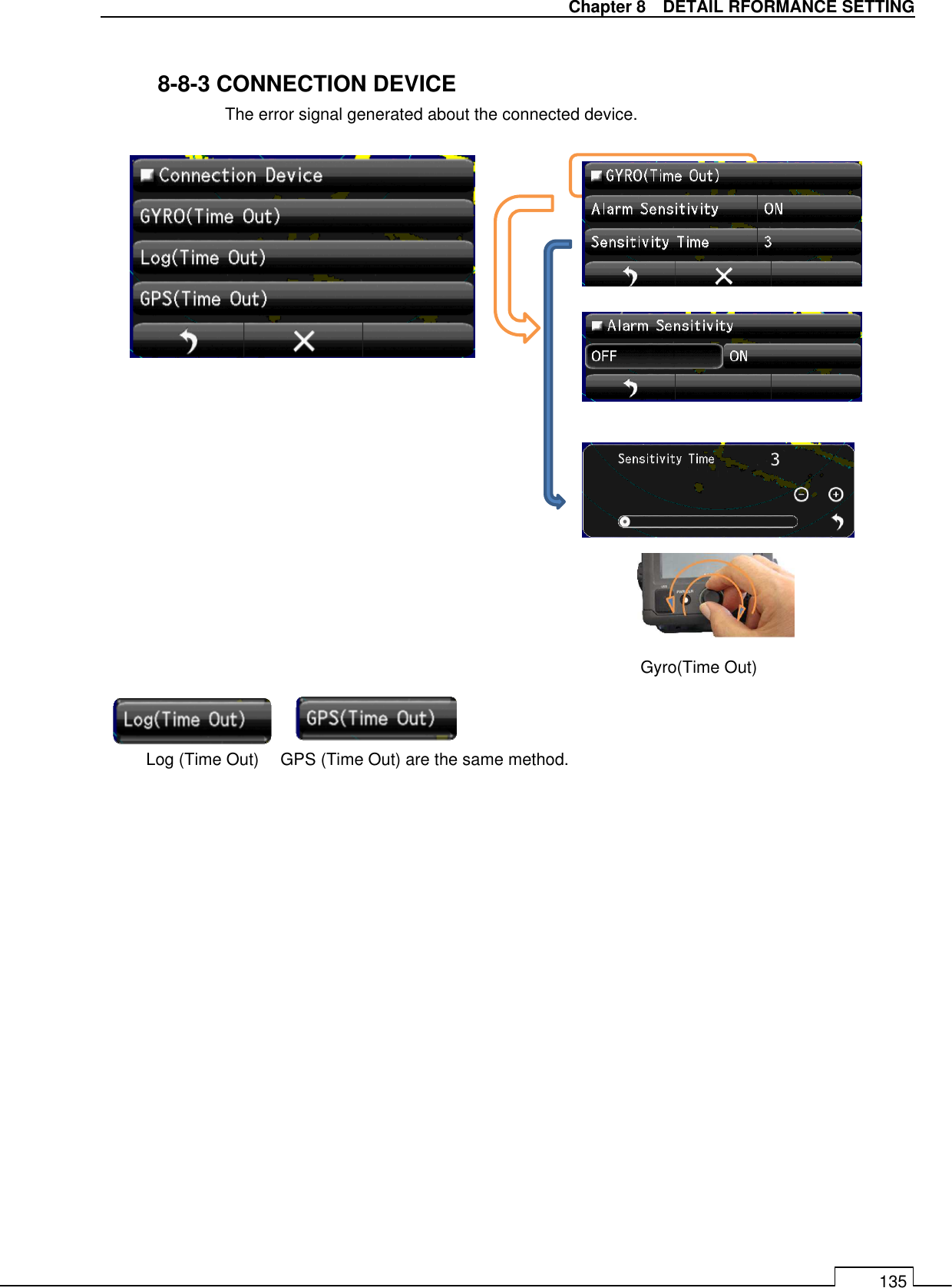   Chapter 8    DETAIL RFORMANCE SETTING 135  8-8-3 CONNECTION DEVICE     The error signal generated about the connected device.                                 Gyro(Time Out) Log (Time Out)  GPS (Time Out) are the same method. 