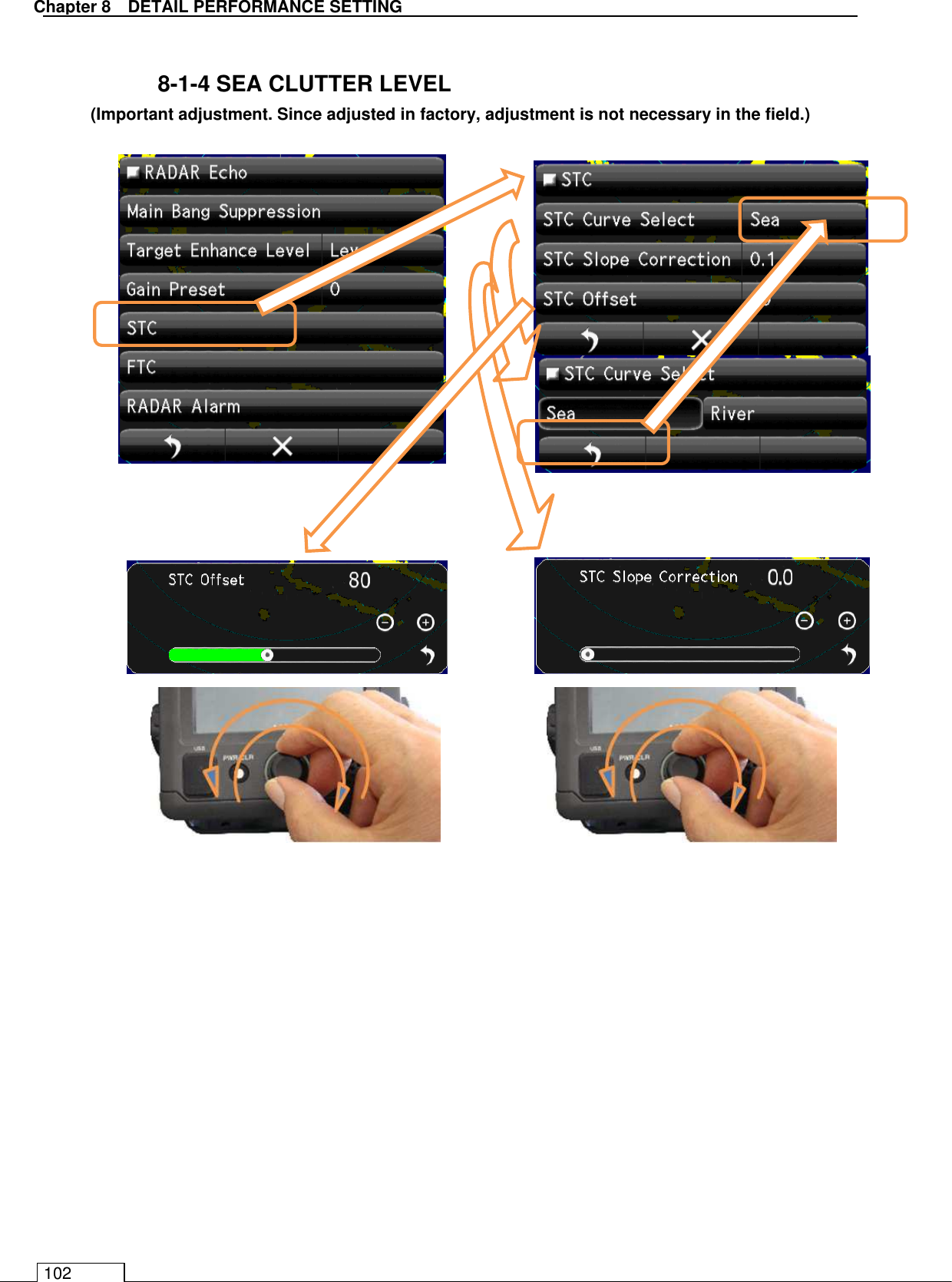   Chapter 8   DETAIL PERFORMANCE SETTING 102  8-1-4 SEA CLUTTER LEVEL (Important adjustment. Since adjusted in factory, adjustment is not necessary in the field.)                                 